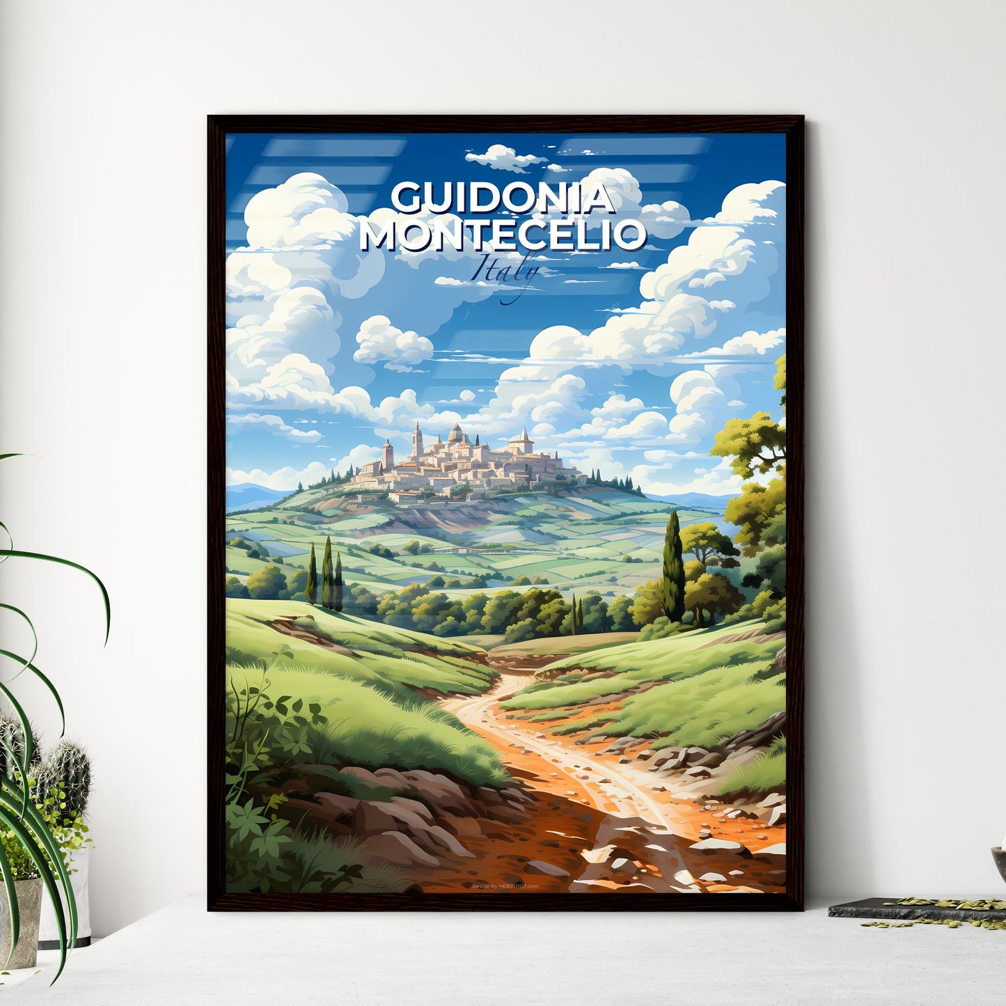Guidonia Montecelio, Italy, A Poster of a landscape with a dirt road and trees and a city on top Default Title