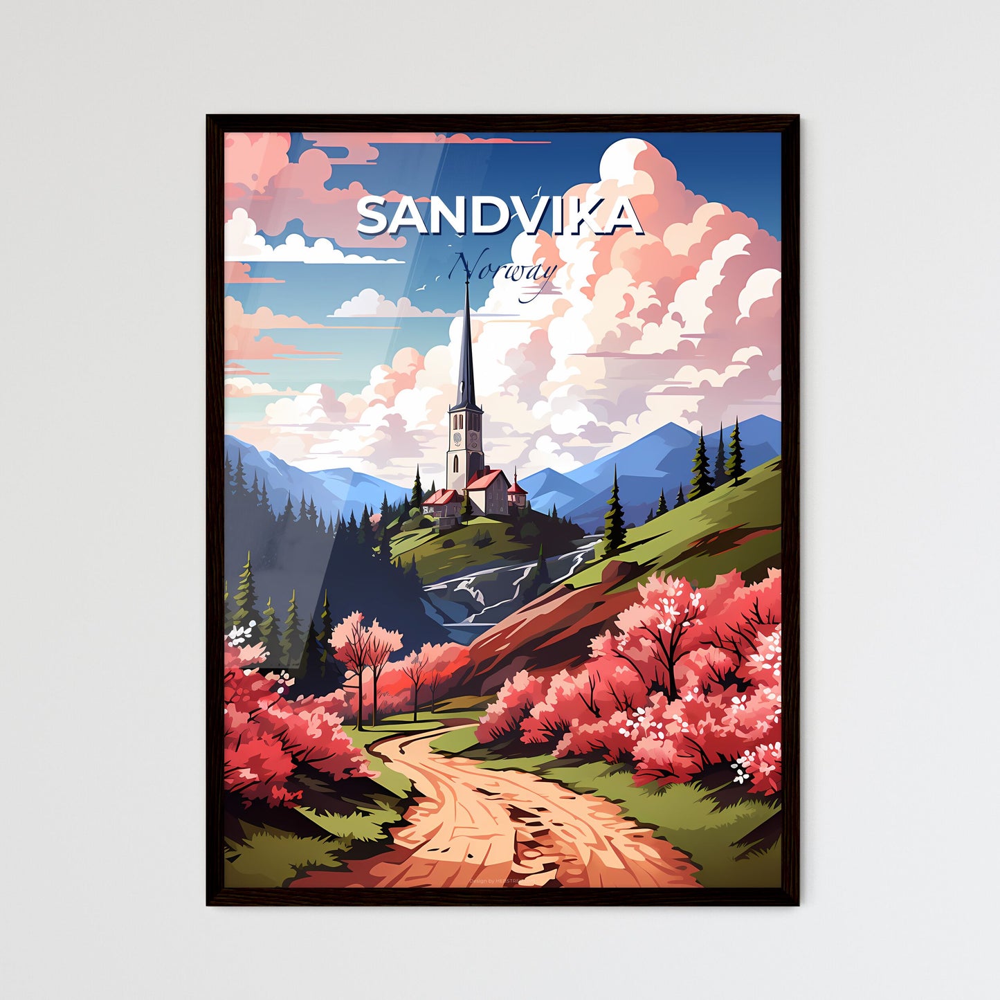 Sandvika, Norway, A Poster of a church on a hill with trees and pink flowers Default Title