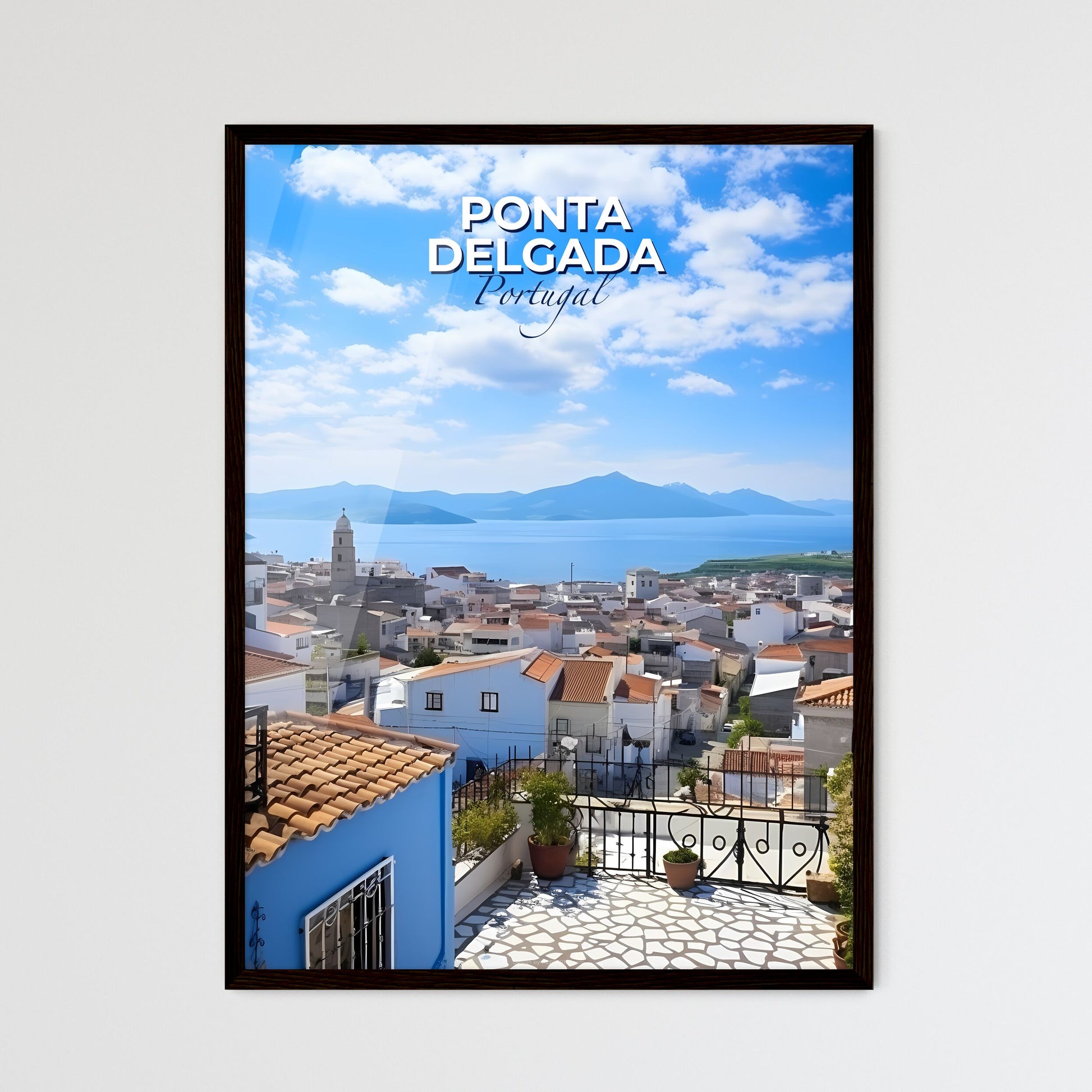 Ponta Delgada, Portugal, A Poster of a rooftops of a town with a body of water in the background Default Title