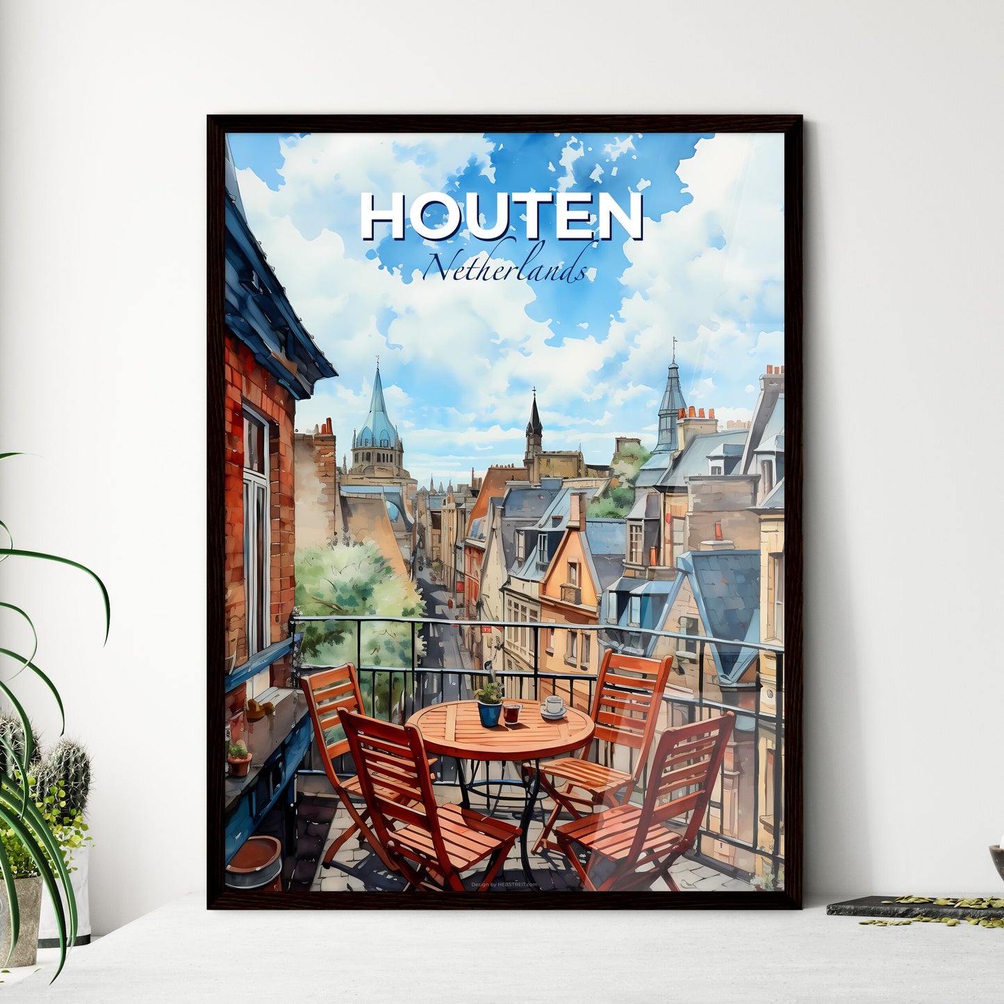 Houten, Netherlands, A Poster of a table and chairs on a balcony overlooking a city Default Title