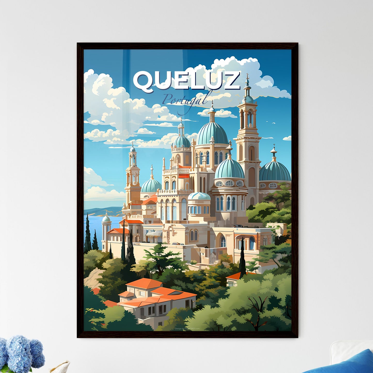 Queluz, Portugal, A Poster of a building with blue domes and trees on a hill Default Title