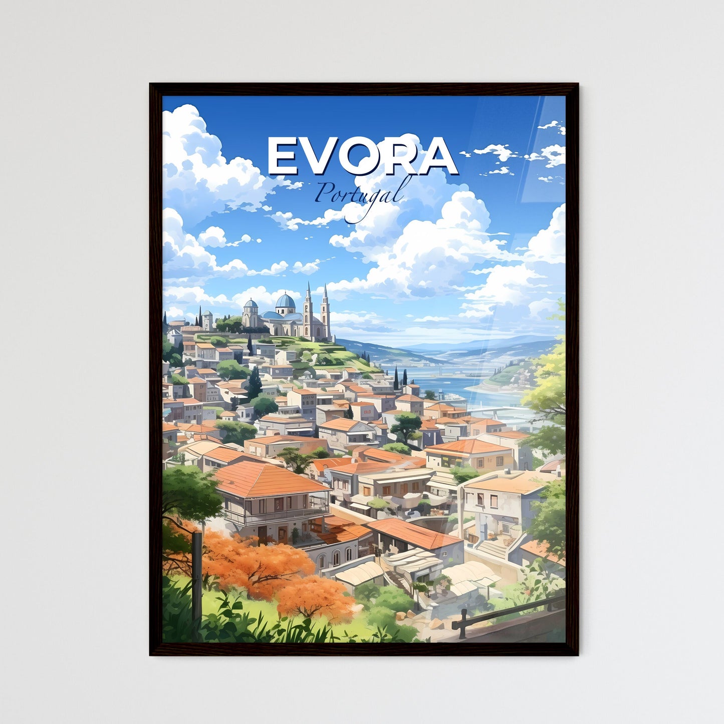 Evora, Portugal, A Poster of a city with a blue dome and a church on the hill Default Title