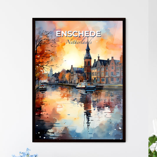 Enschede, Netherlands, A Poster of a watercolor painting of a city with a boat on the water Default Title