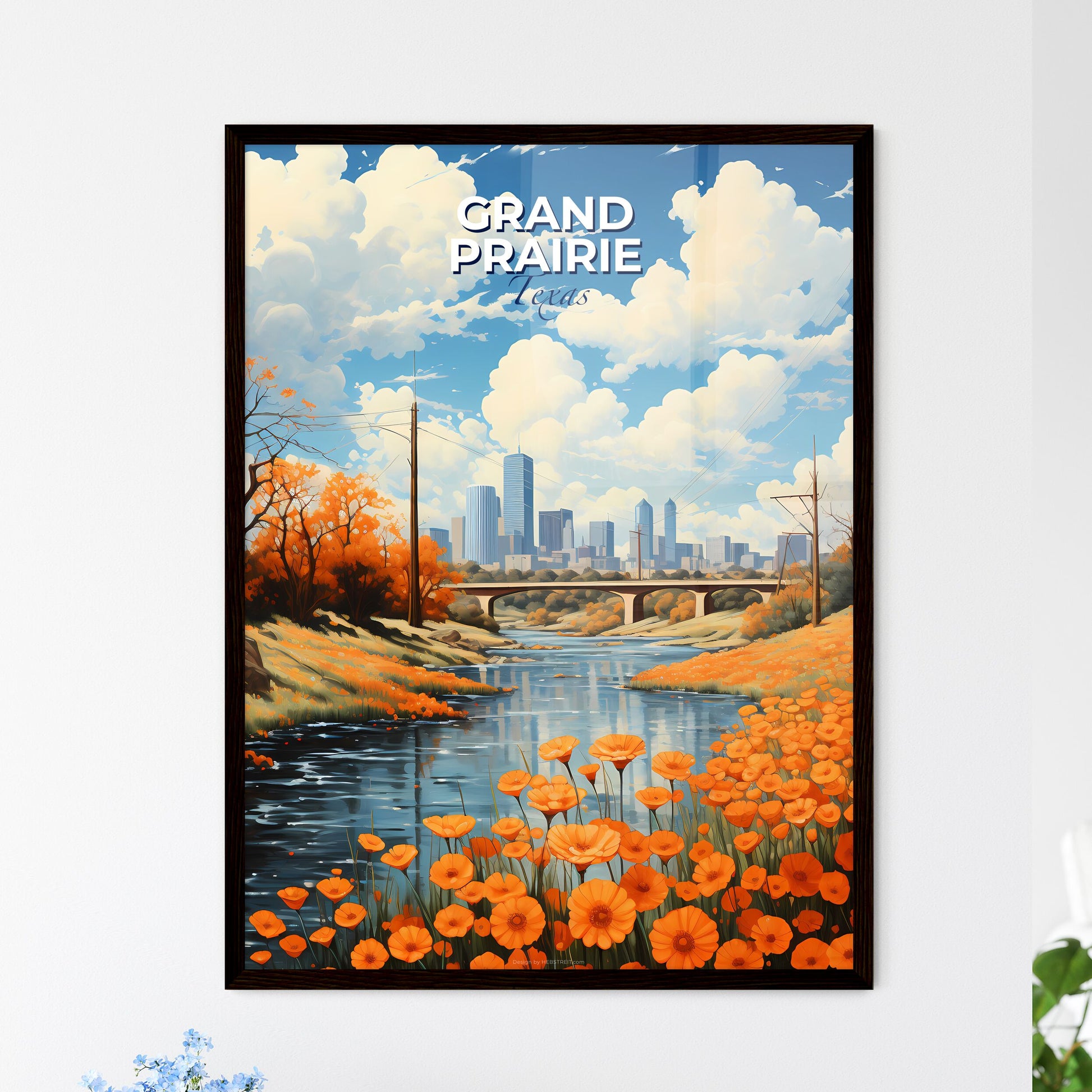 Grand Prairie, Texas, A Poster of a river with orange flowers and a bridge in the background Default Title
