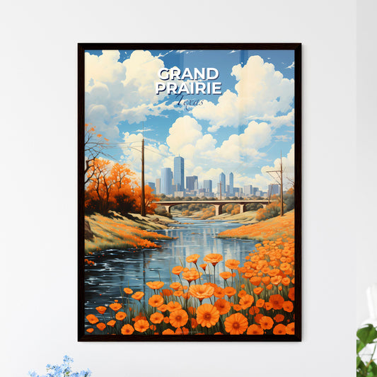 Grand Prairie, Texas, A Poster of a river with orange flowers and a bridge in the background Default Title