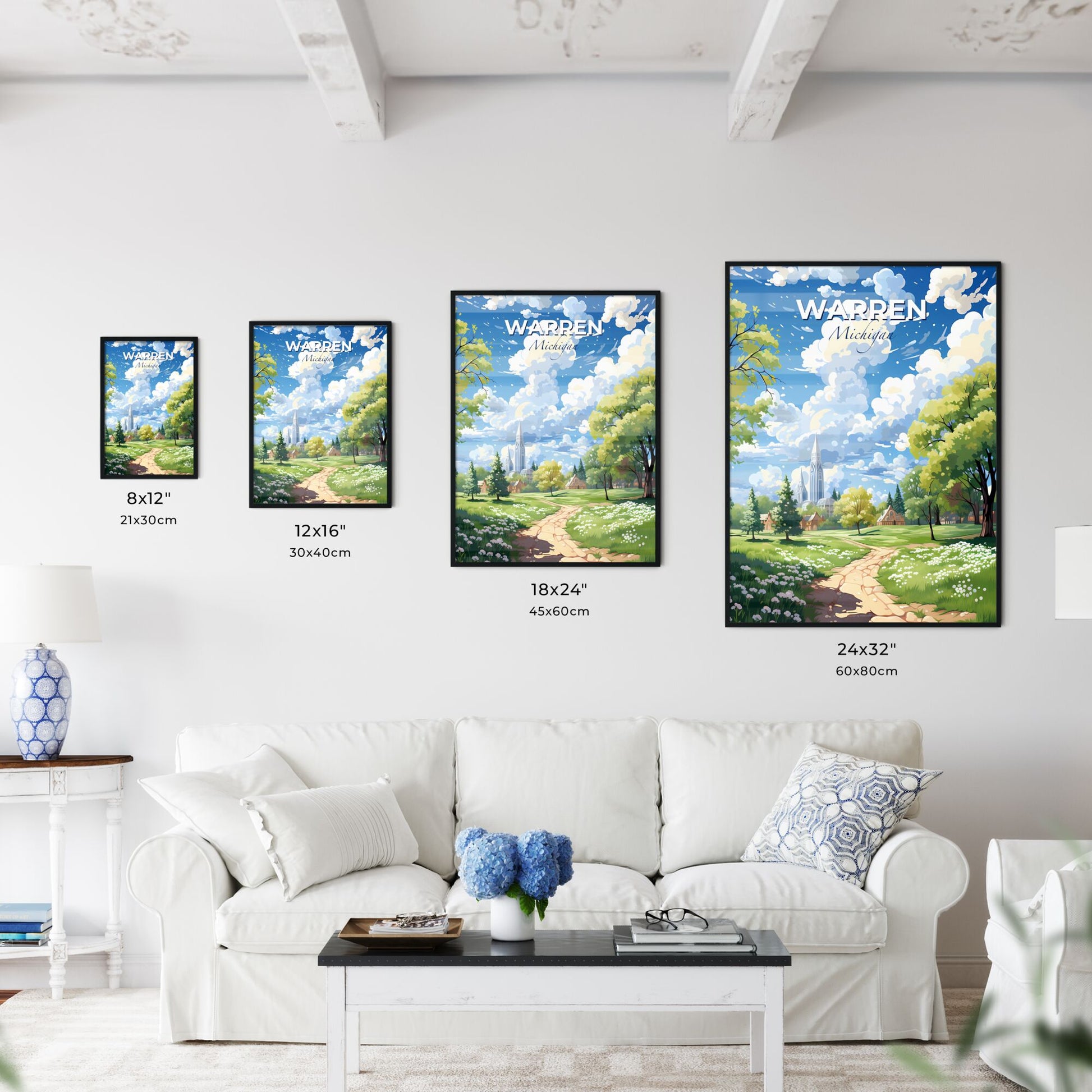 Warren, Michigan, A Poster of a landscape with a path and trees and buildings Default Title