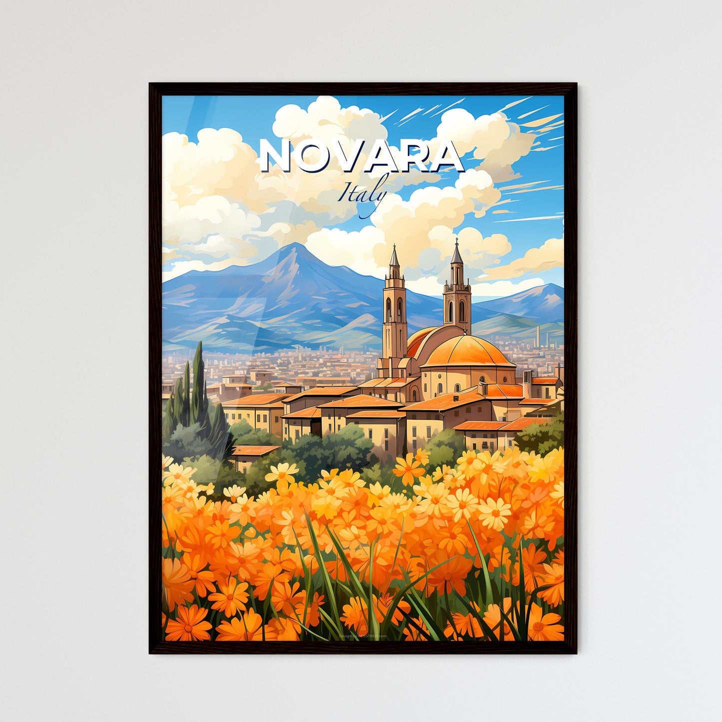 Novara, Italy, A Poster of a landscape of a city with orange flowers and mountains in the background Default Title