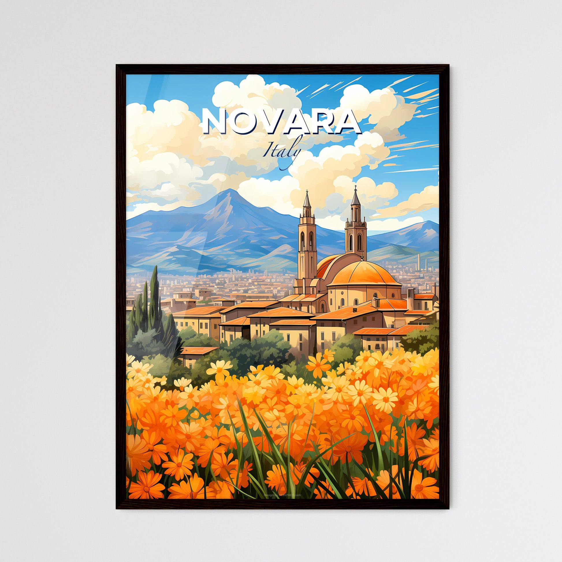 Novara, Italy, A Poster of a landscape of a city with orange flowers and mountains in the background Default Title