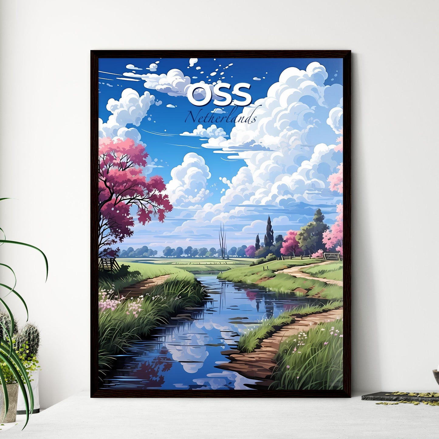 Oss, Netherlands, A Poster of a stream of water with pink flowers and trees Default Title