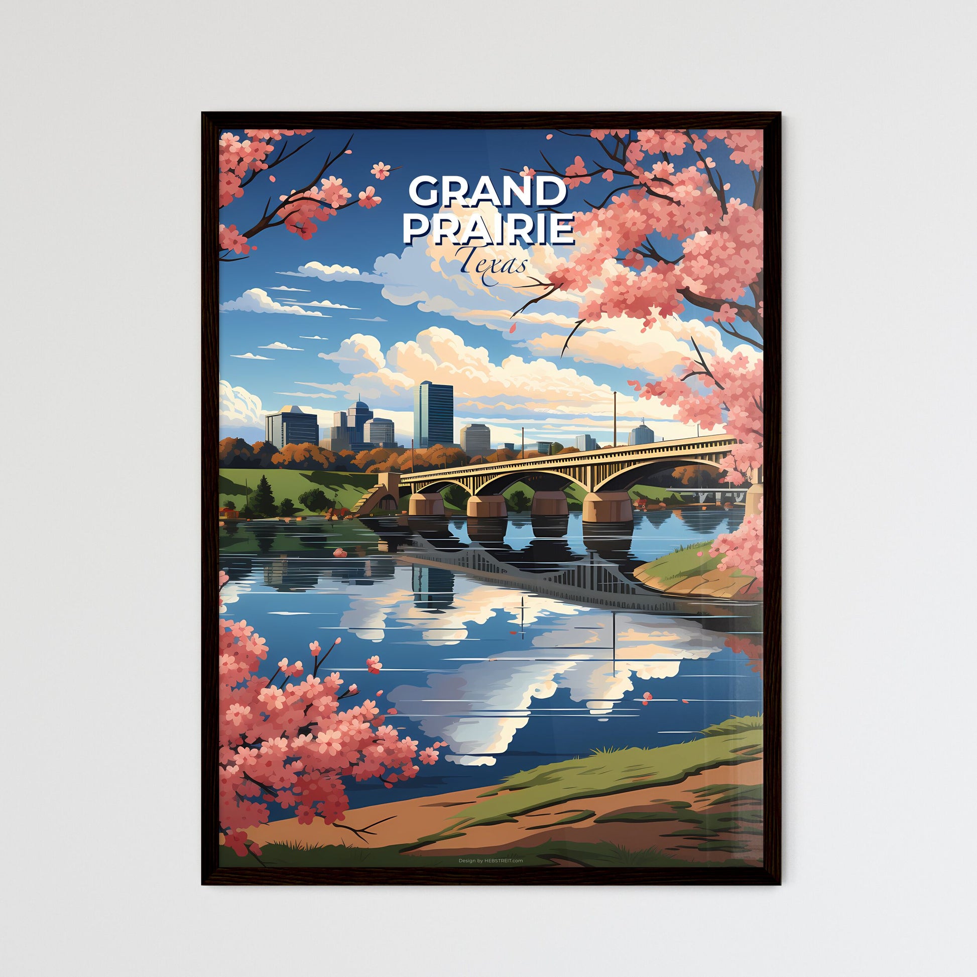 Grand Prairie, Texas, A Poster of a bridge over a river with pink flowers Default Title