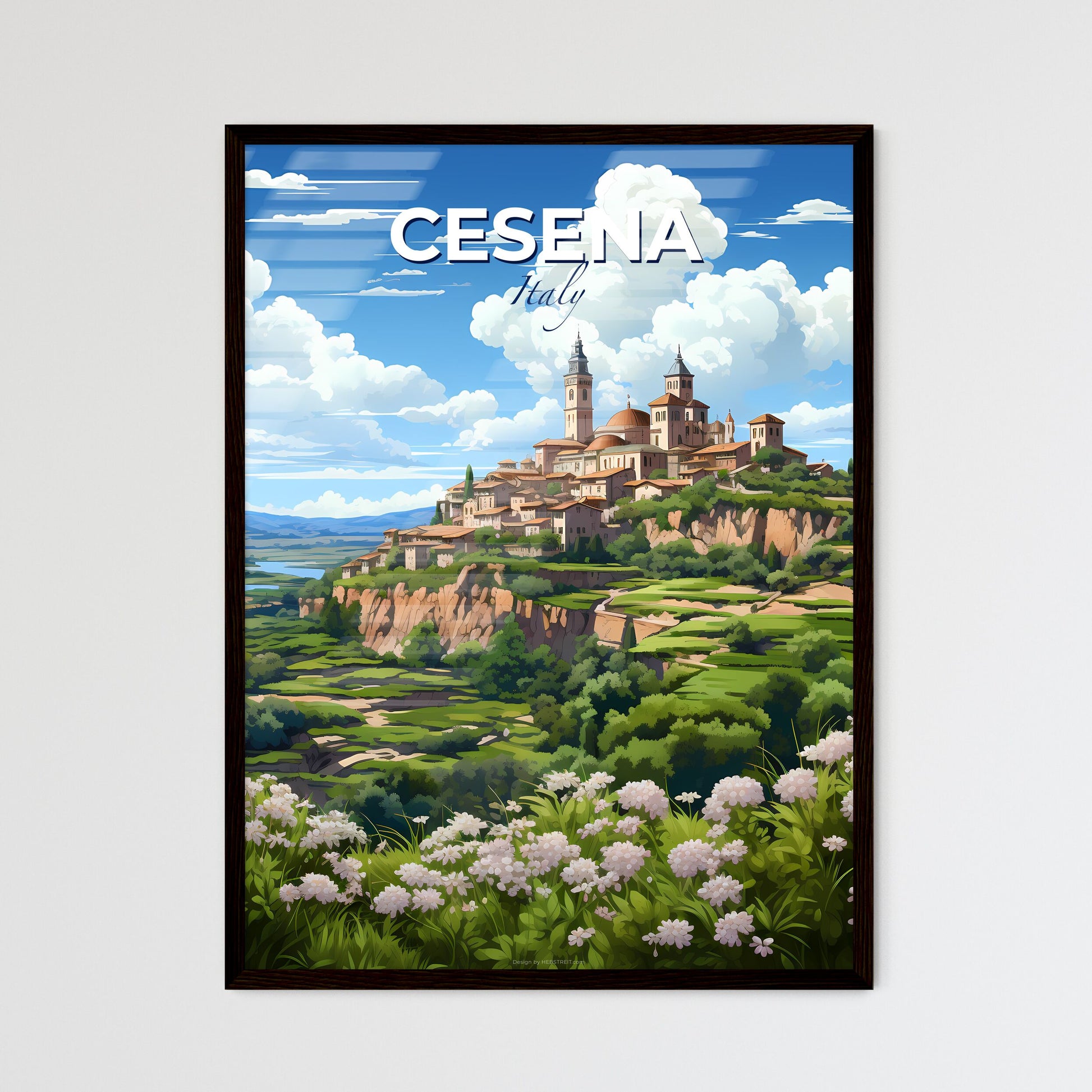 Cesena, Italy, A Poster of a landscape of a town on a hill with trees and a river Default Title