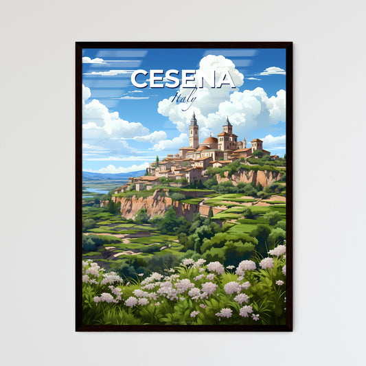Cesena, Italy, A Poster of a landscape of a town on a hill with trees and a river Default Title