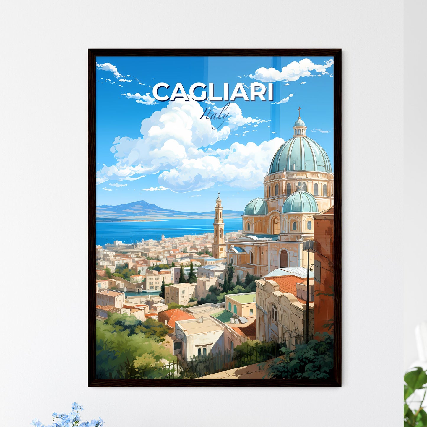 Cagliari, Italy, A Poster of a city with a dome and a body of water Default Title