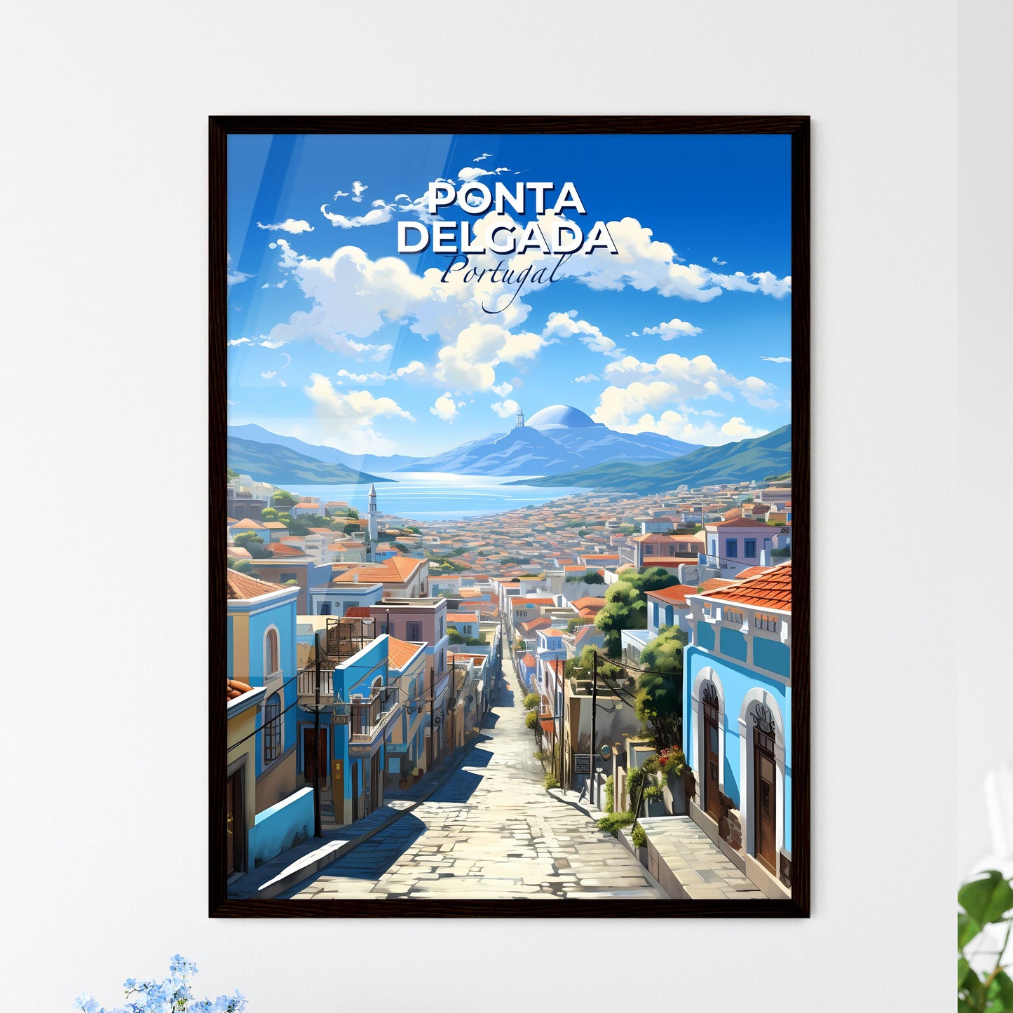Ponta Delgada, Portugal, A Poster of a street with buildings and mountains in the background Default Title
