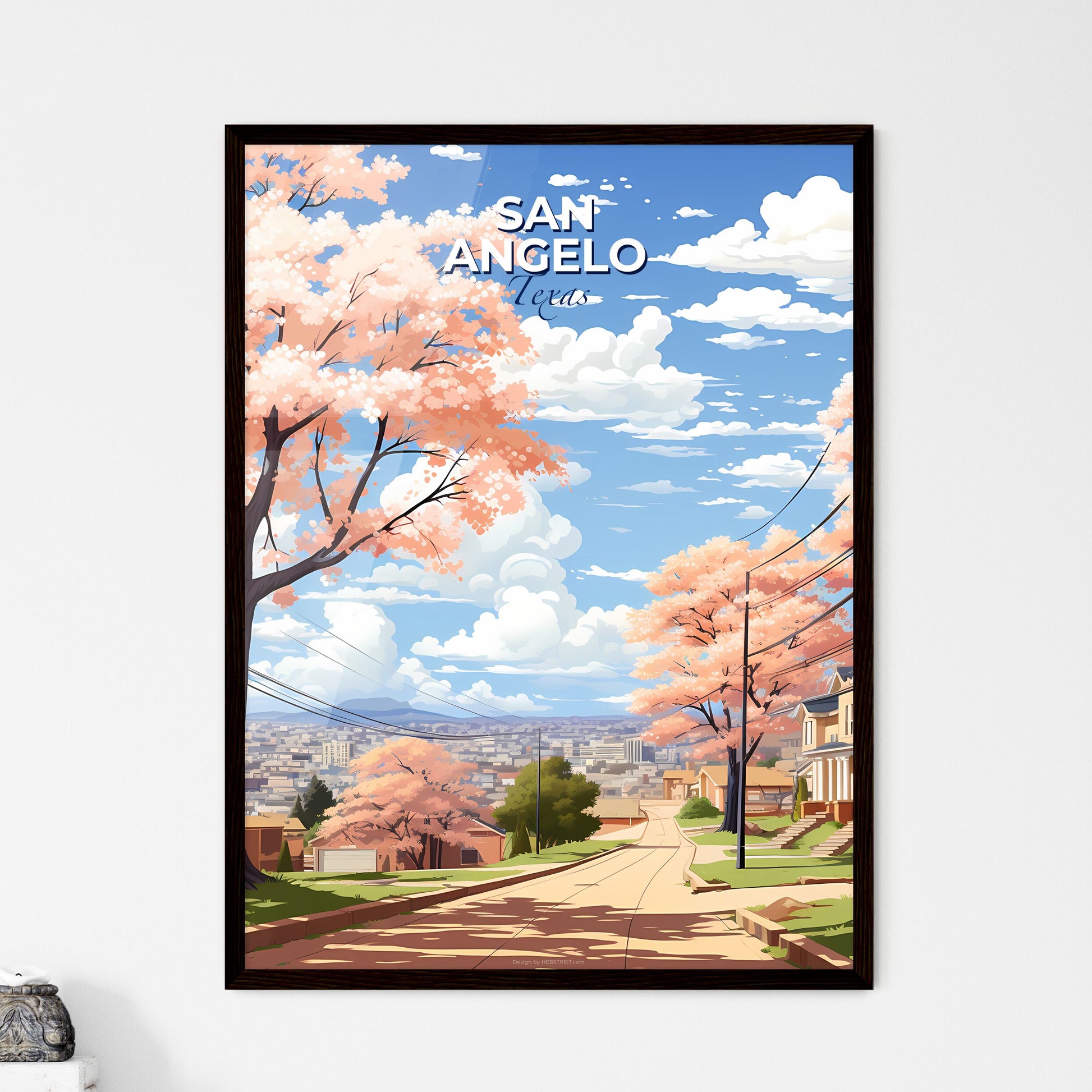 San Angelo, Texas, A Poster of a street with pink trees and houses on it Default Title
