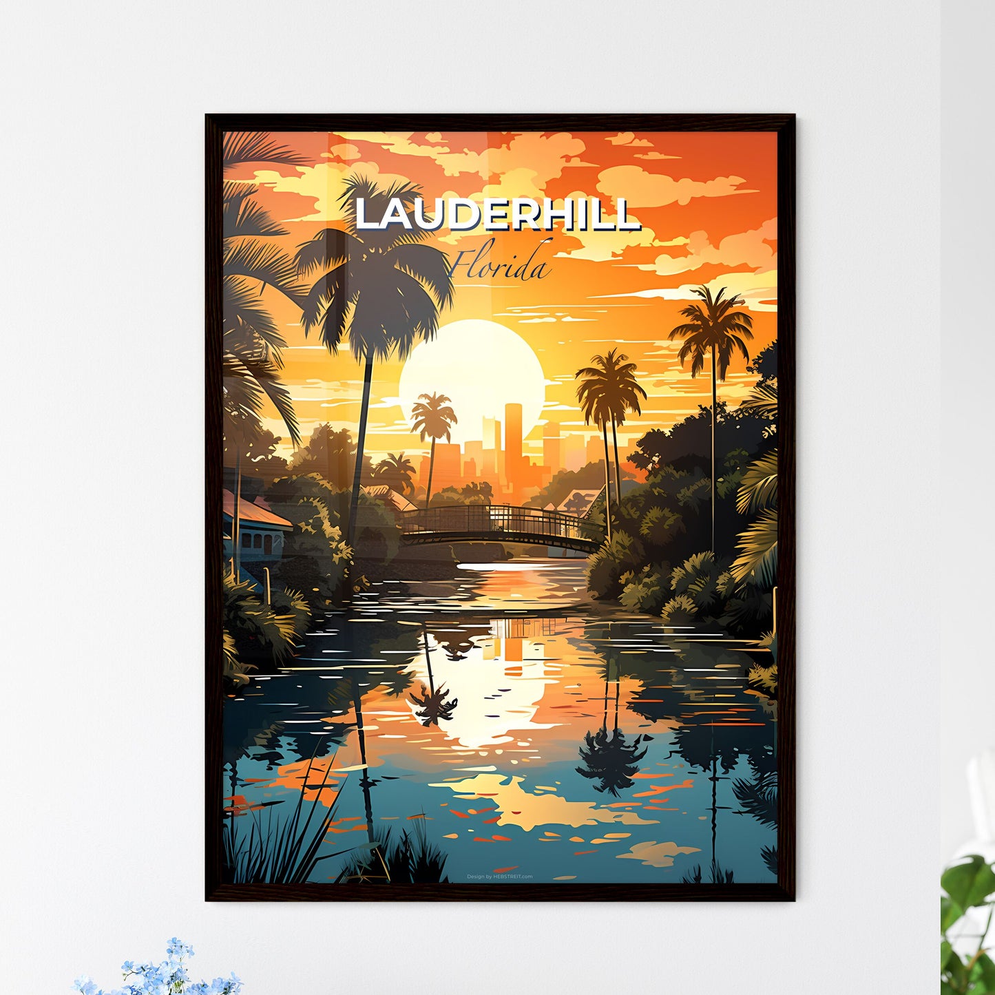 Lauderhill, Florida, A Poster of a sunset over a river with palm trees and a bridge Default Title