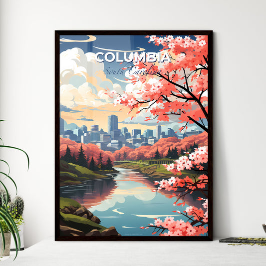 Columbia, South Carolina, A Poster of a river with pink flowers and trees in front of a city Default Title