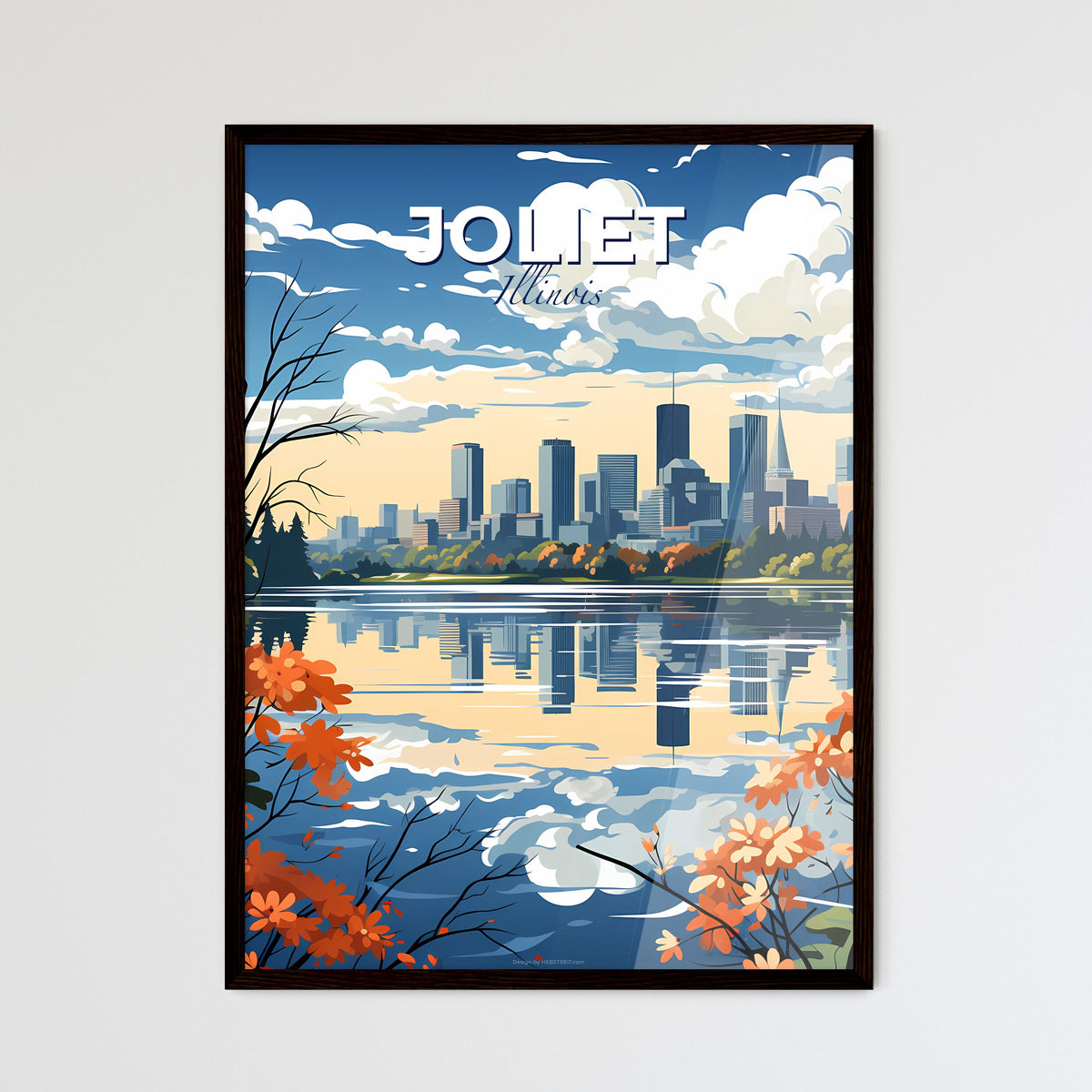Joliet, Illinois, A Poster of a cityscape with orange flowers and water Default Title
