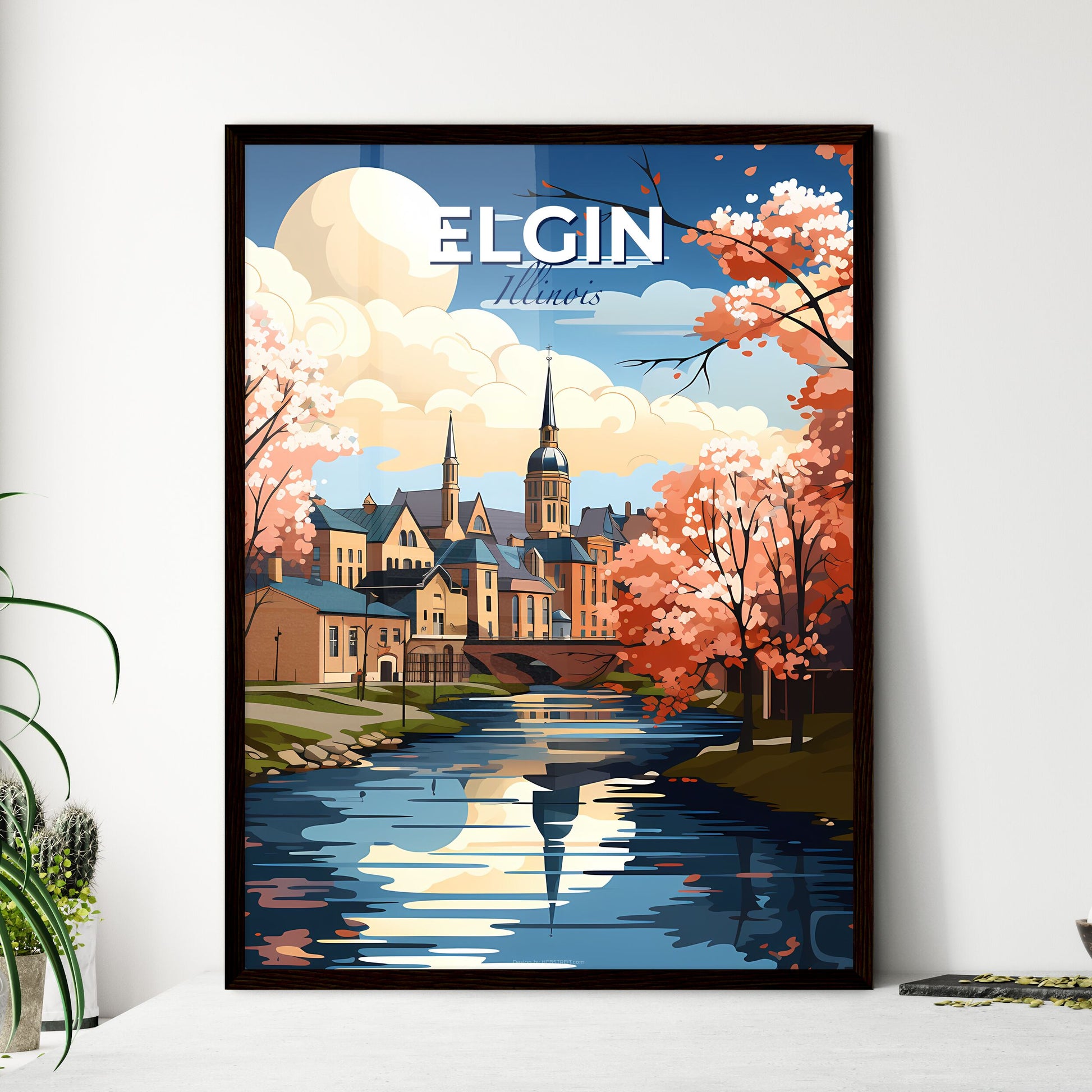 Elgin, Illinois, A Poster of a river with trees and buildings in the background Default Title