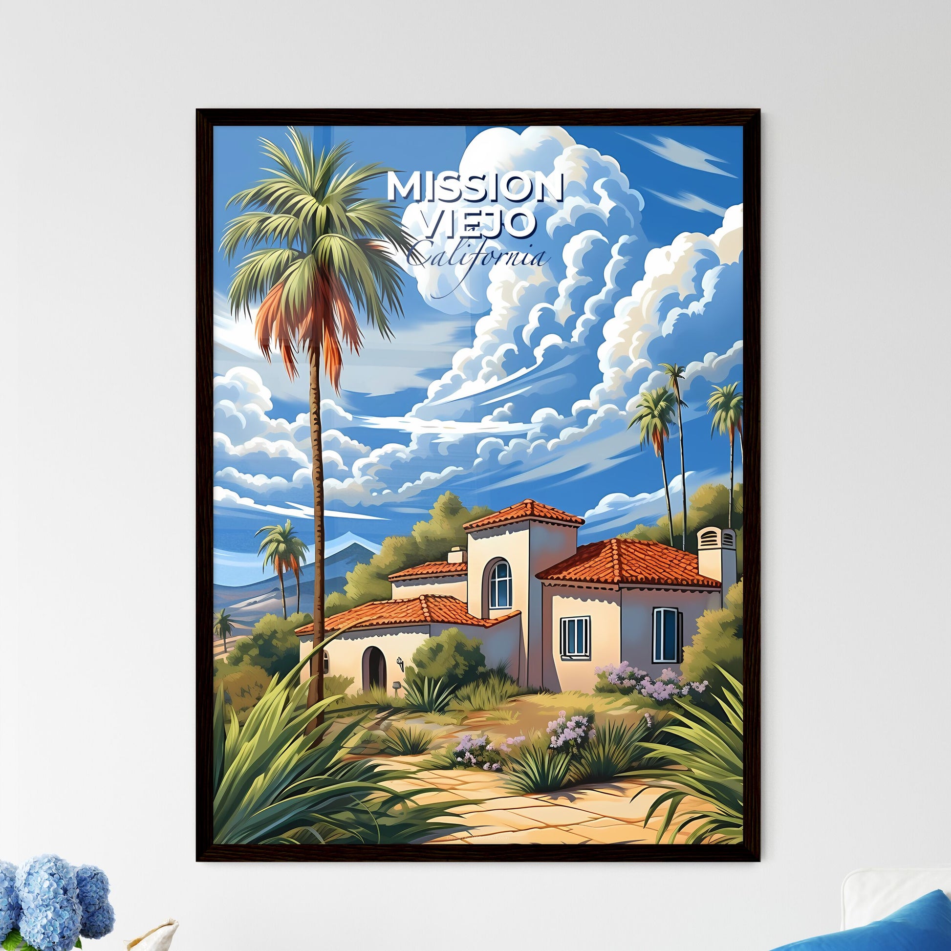 Mission Viejo, California, A Poster of a house with a palm tree and mountains in the background Default Title