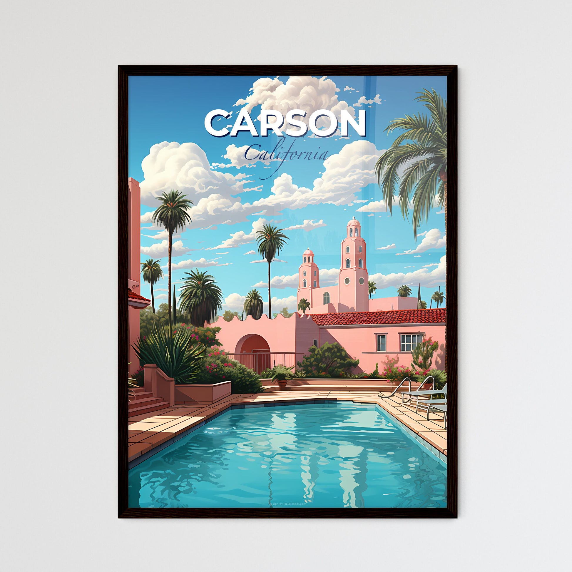 Carson, California, A Poster of a pool in a courtyard with palm trees and buildings Default Title