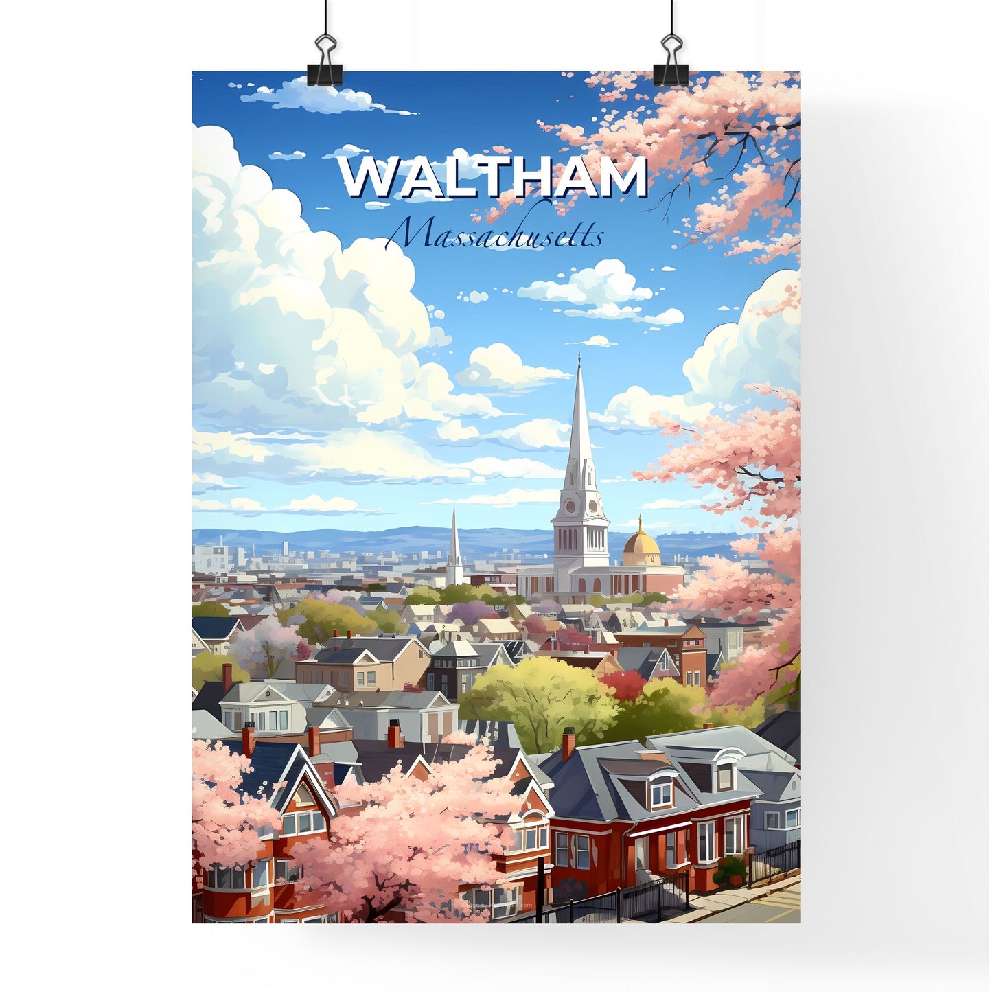 Waltham, Massachusetts, A Poster of a city with a tower and trees Default Title