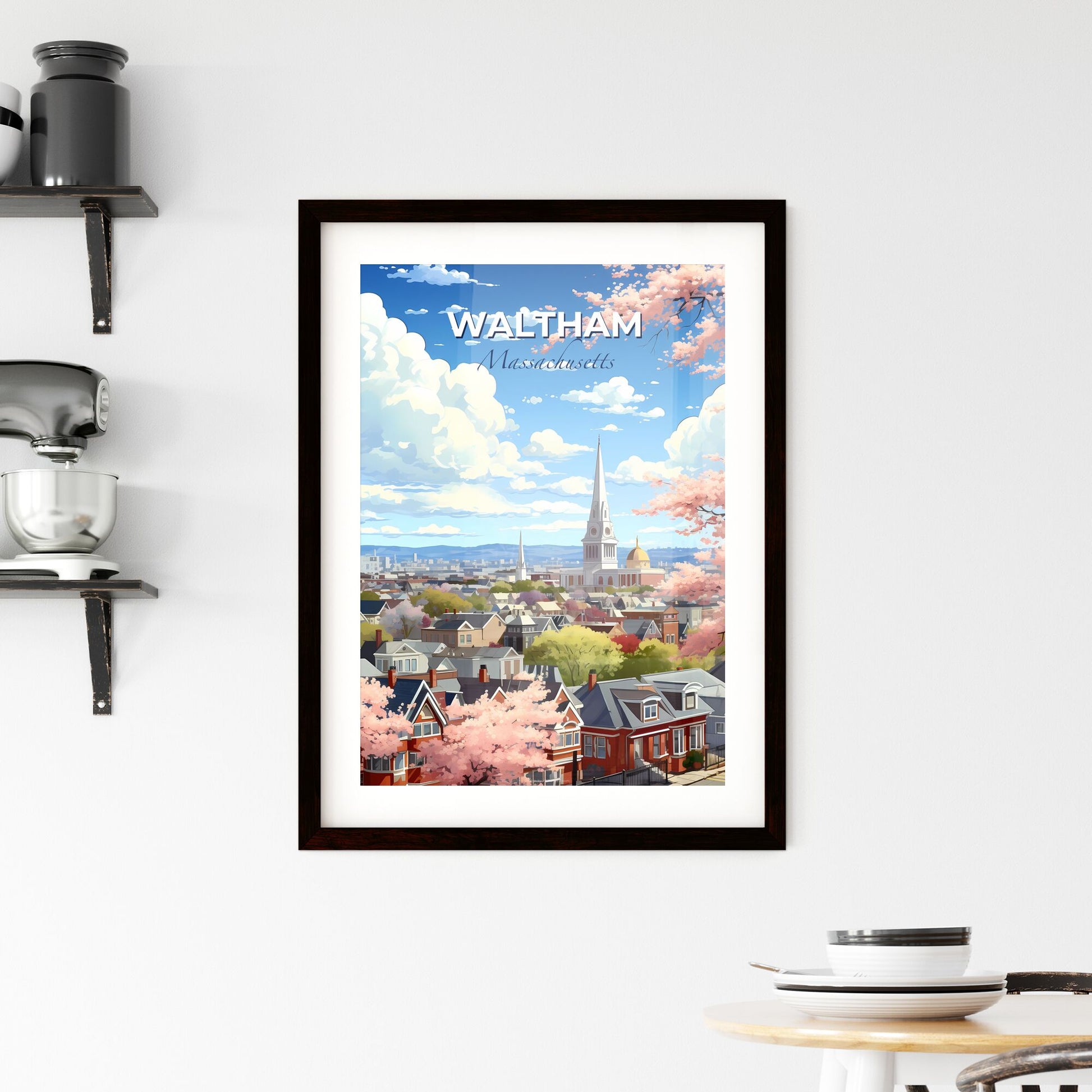 Waltham, Massachusetts, A Poster of a city with a tower and trees Default Title