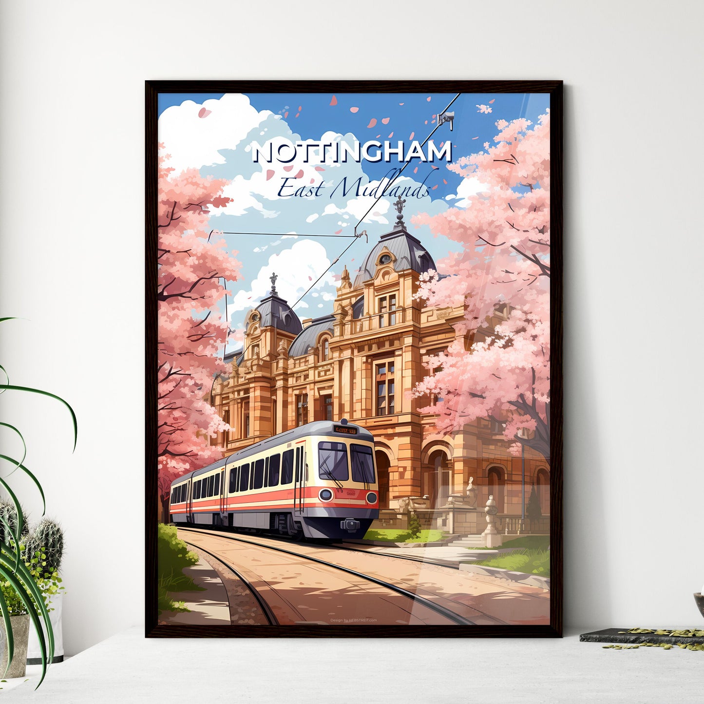 Nottingham, East Midlands, A Poster of a train on the tracks in front of a building Default Title