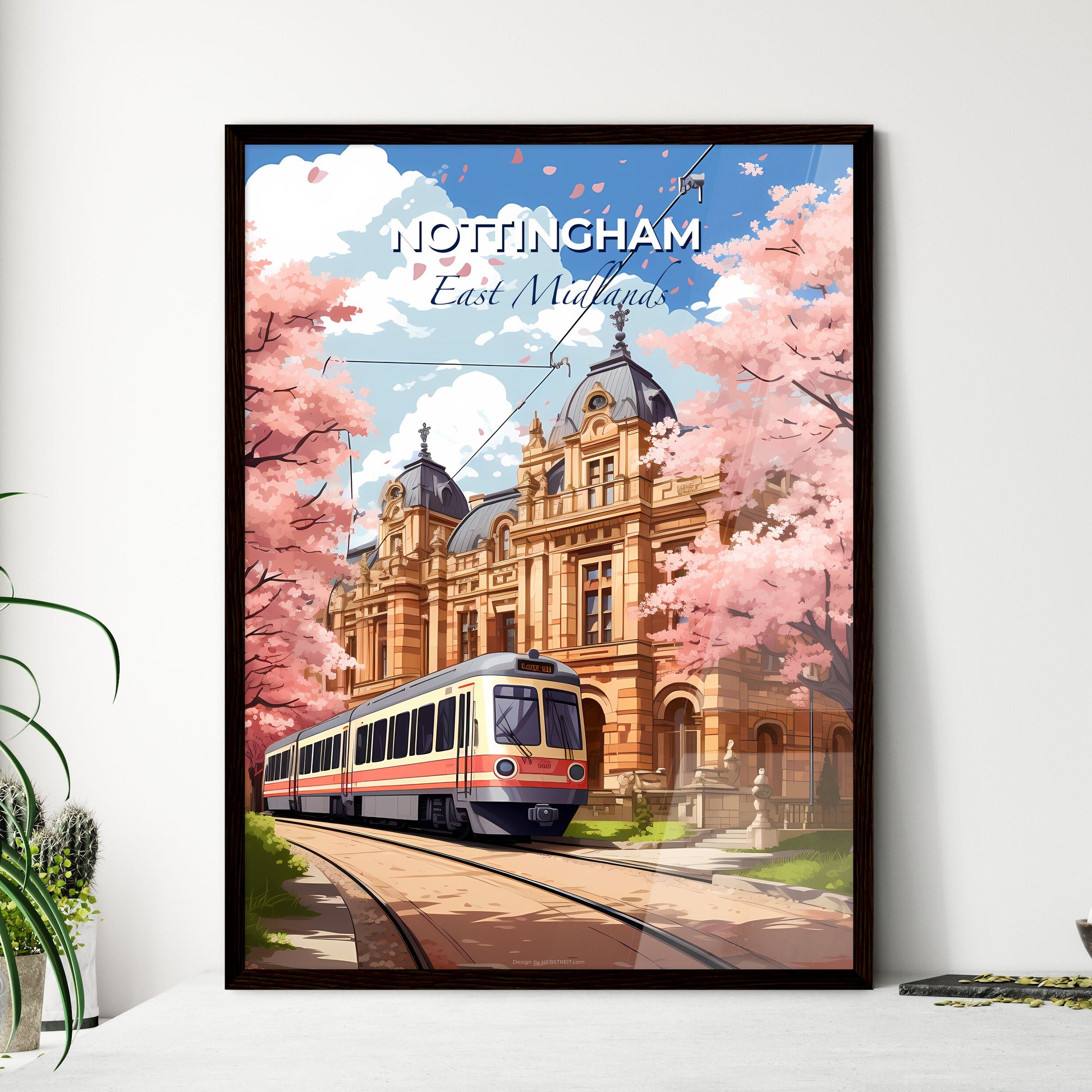 Nottingham, East Midlands, A Poster of a train on the tracks in front of a building Default Title