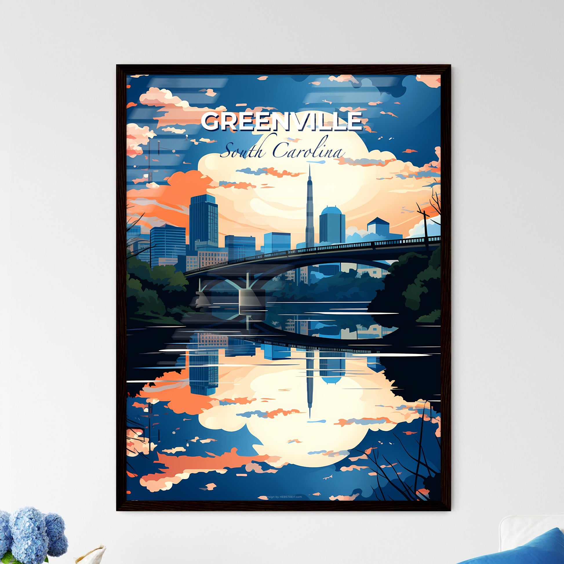 Greenville, South Carolina, A Poster of a bridge over a river with trees and a city in the background Default Title