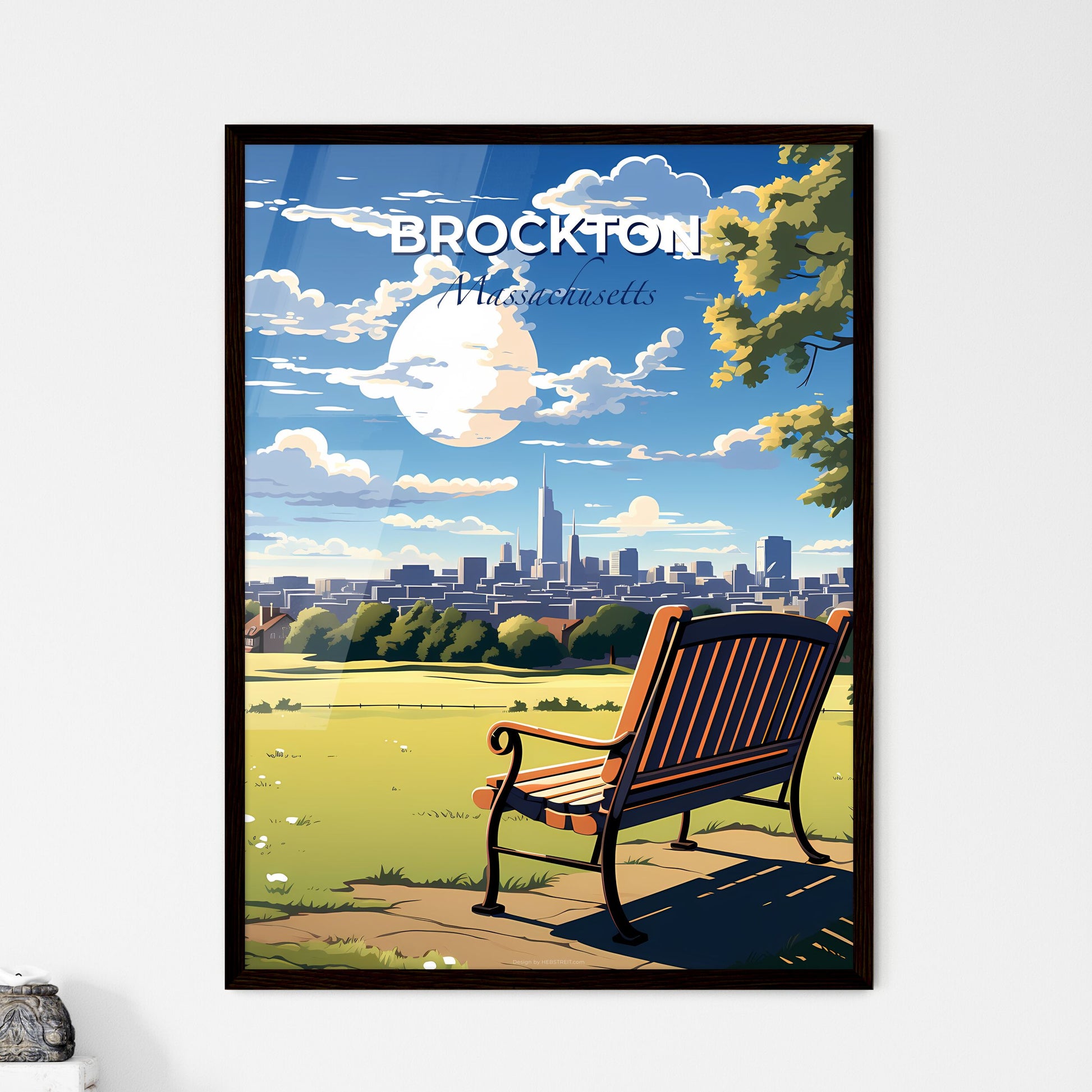 Brockton, Massachusetts, A Poster of a bench in a park with a city in the background Default Title