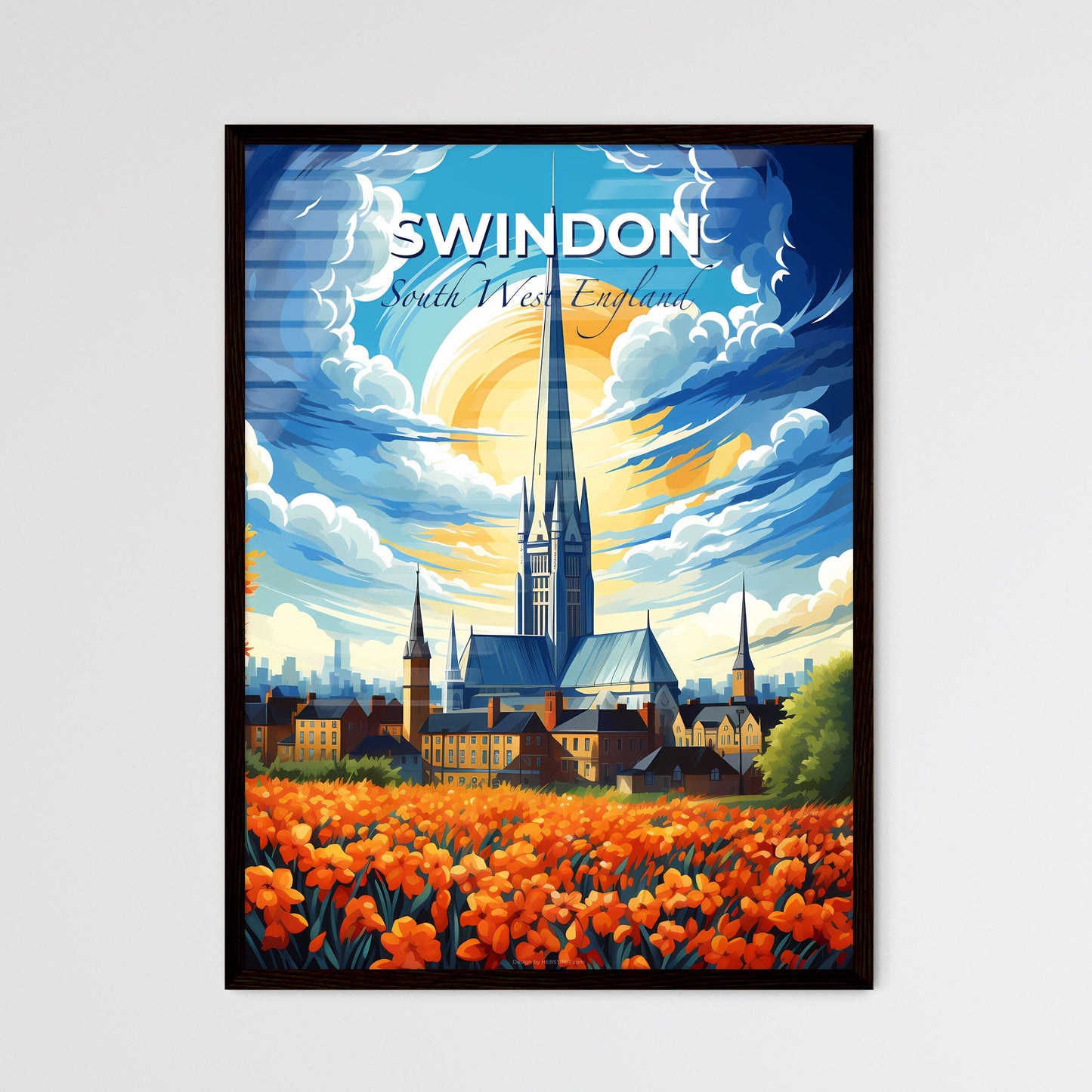 Swindon, South West England, A Poster of a painting of a church and a field of flowers Default Title