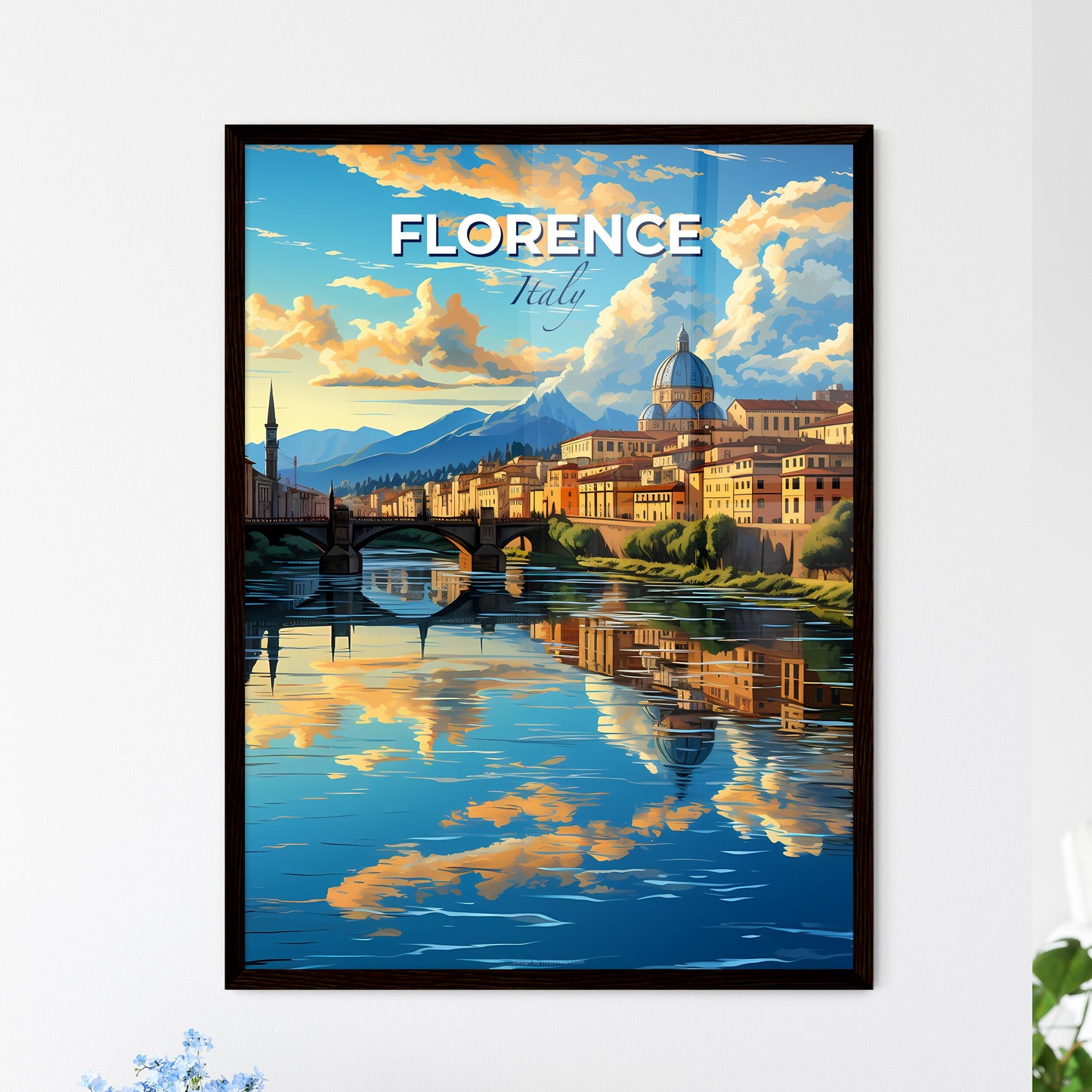Florence, Italy, A Poster of a river with a bridge and buildings in the background Default Title