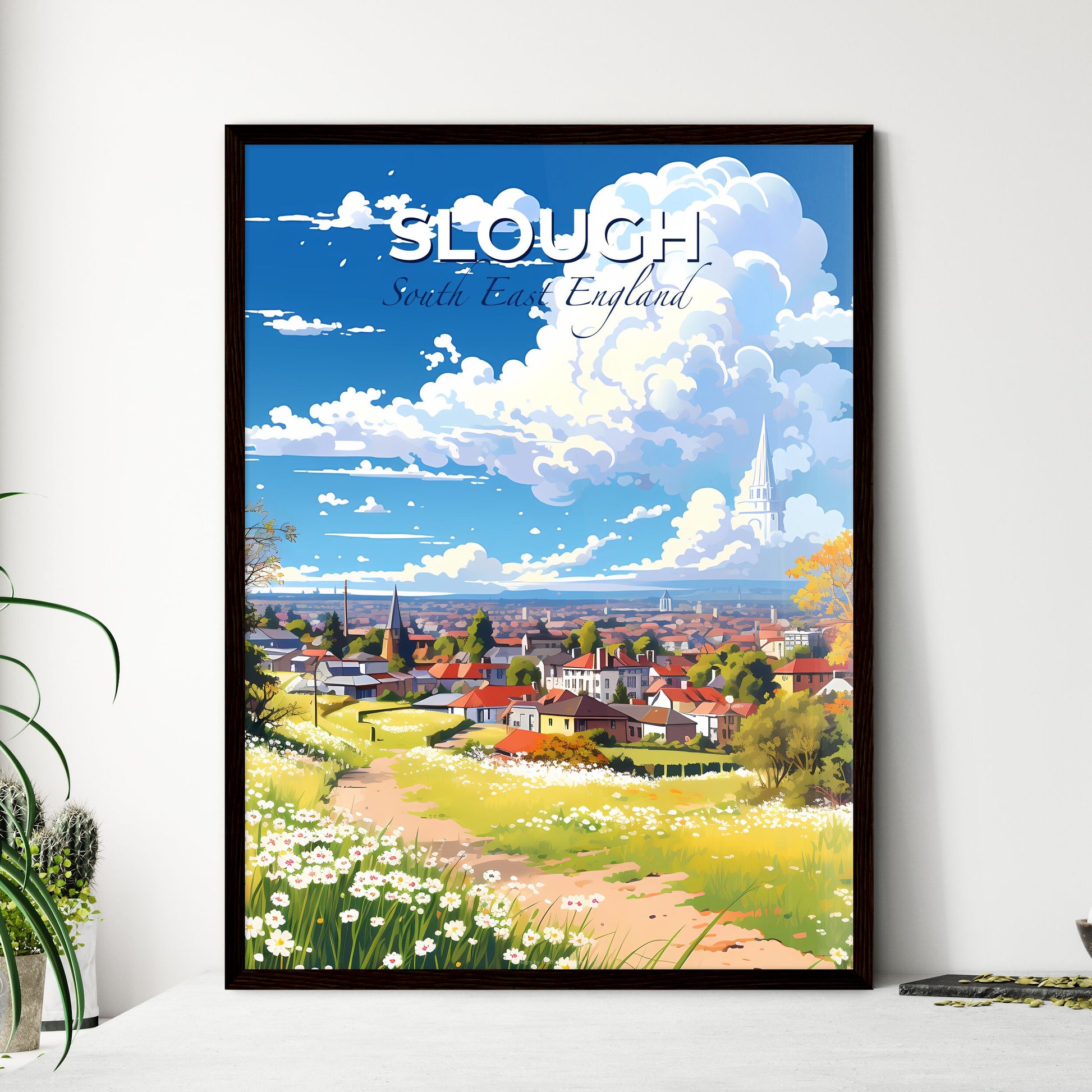 Slough, South East England, A Poster of a landscape of a town with flowers and trees Default Title