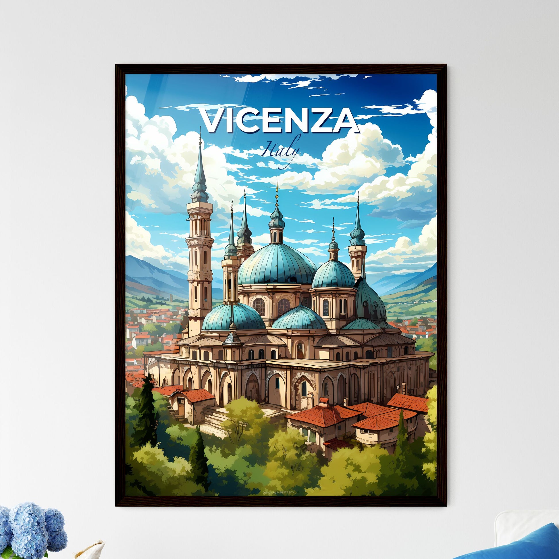 Vicenza, Italy, A Poster of a building with towers and a city in the background Default Title