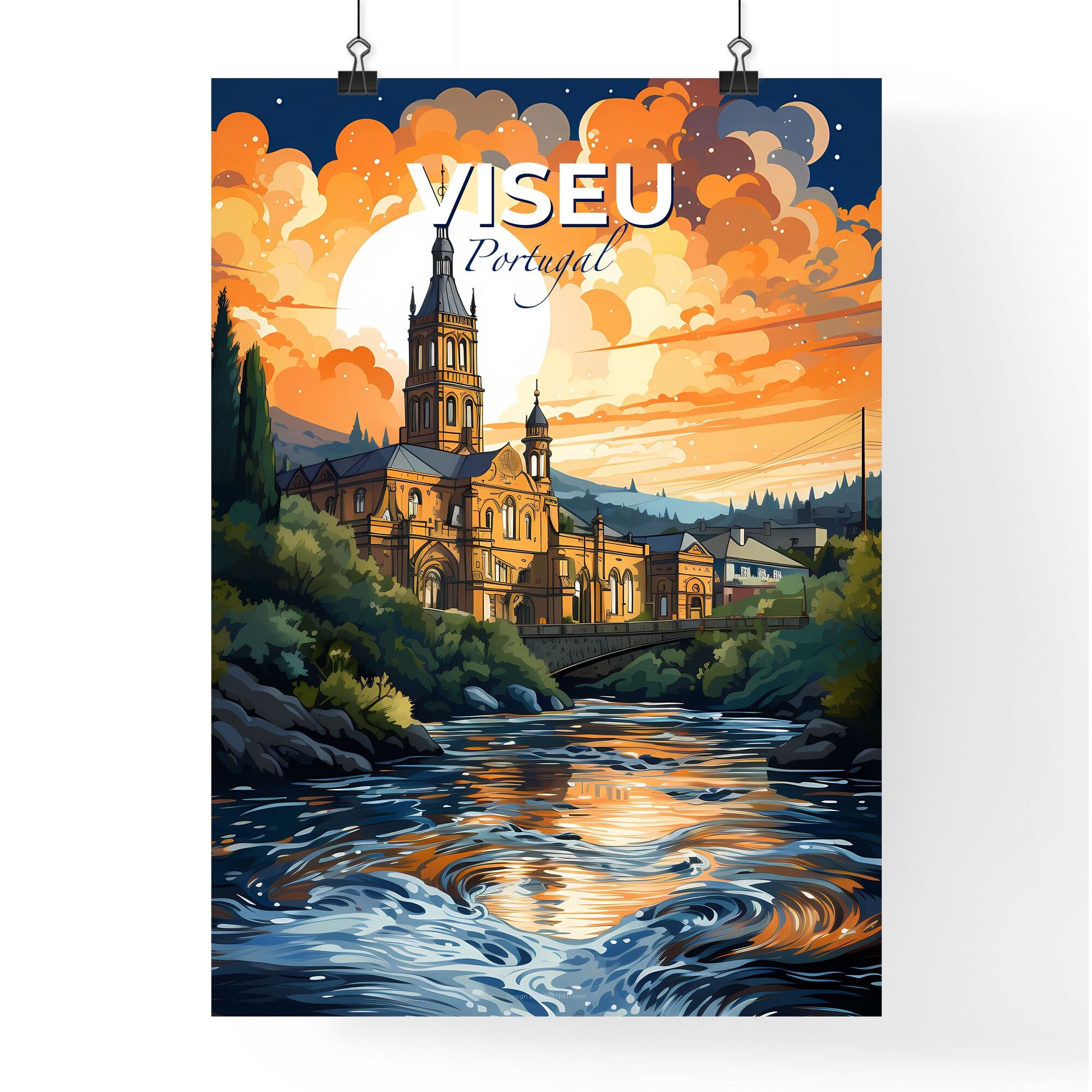 Viseu, Portugal, A Poster of a painting of a building with a river and trees Default Title