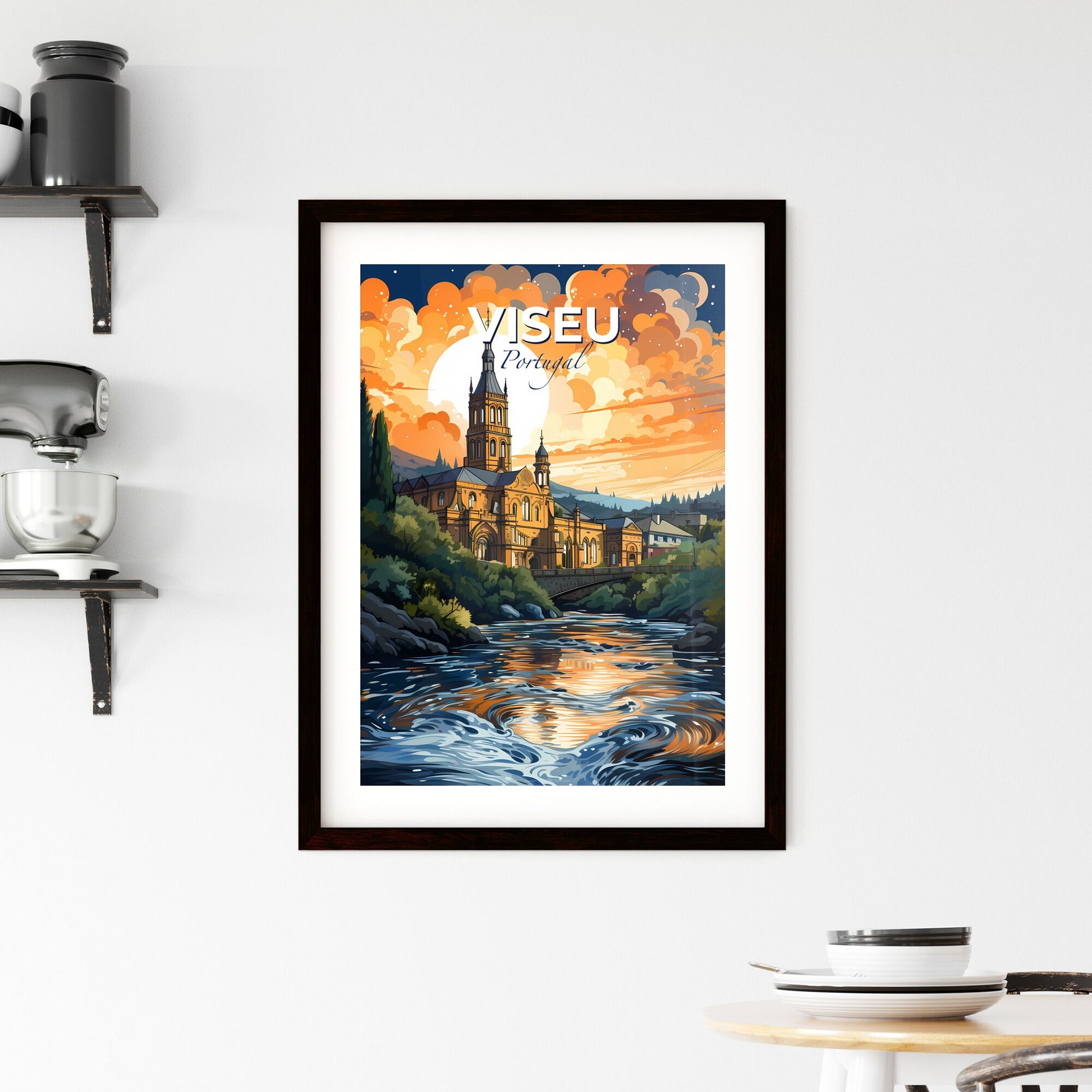 Viseu, Portugal, A Poster of a painting of a building with a river and trees Default Title