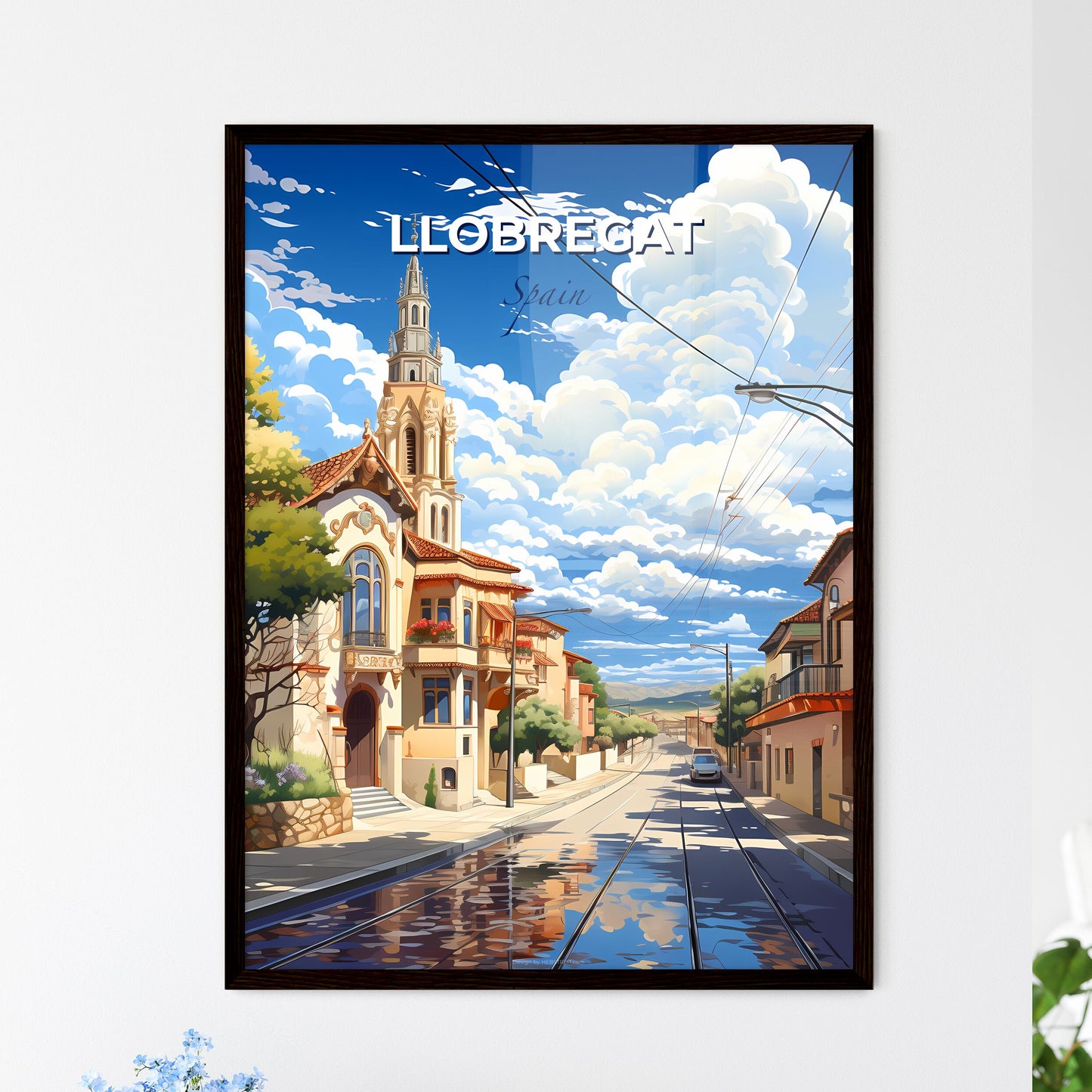 Llobregat, Spain, A Poster of a street with a church and a car on it Default Title