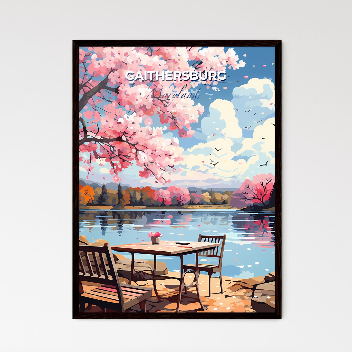 Gaithersburg, Maryland, A Poster of a table and chairs by a lake Default Title