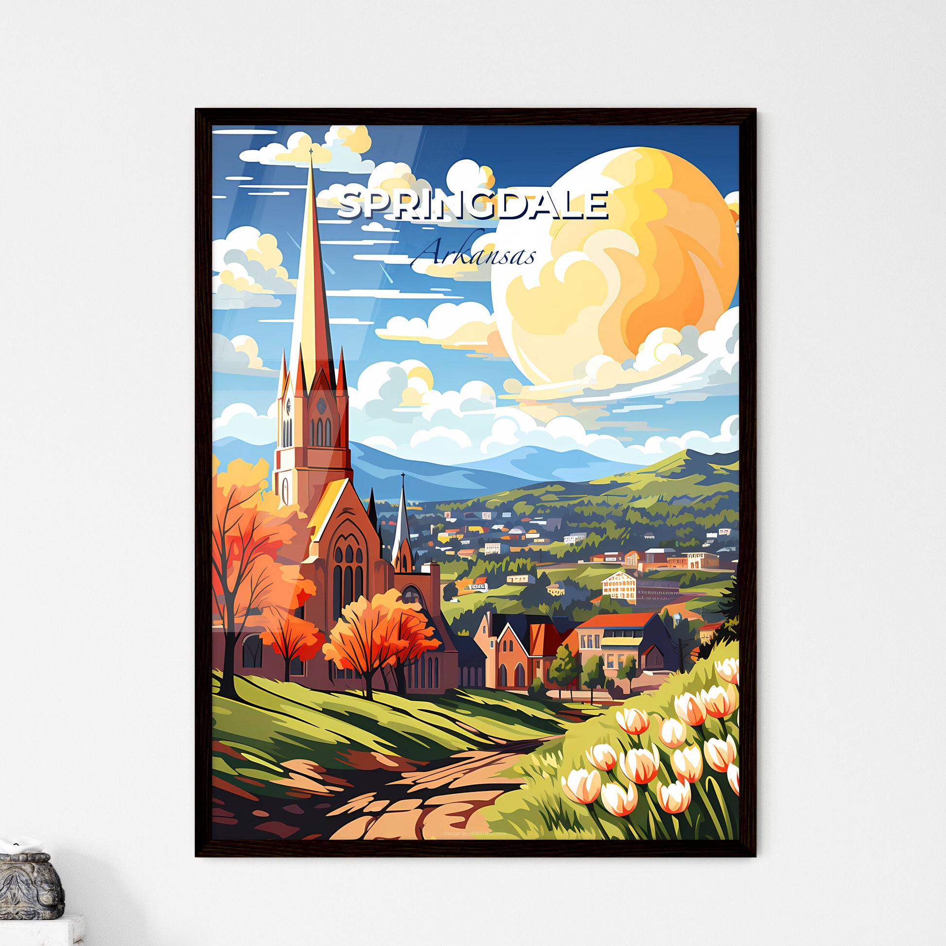 Springdale, Arkansas, A Poster of a church with a steeple and trees in front of a landscape Default Title