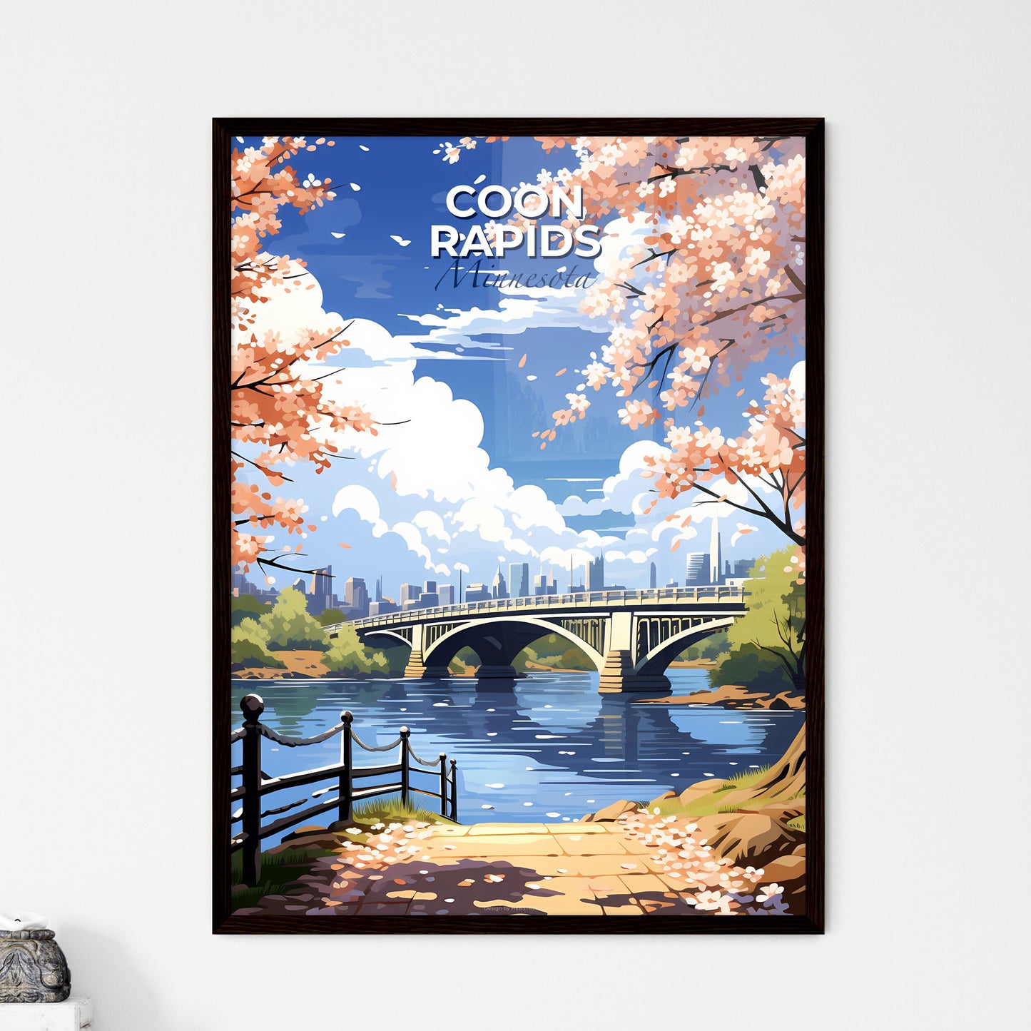 Coon Rapids, Minnesota, A Poster of a bridge over a river with pink flowers Default Title