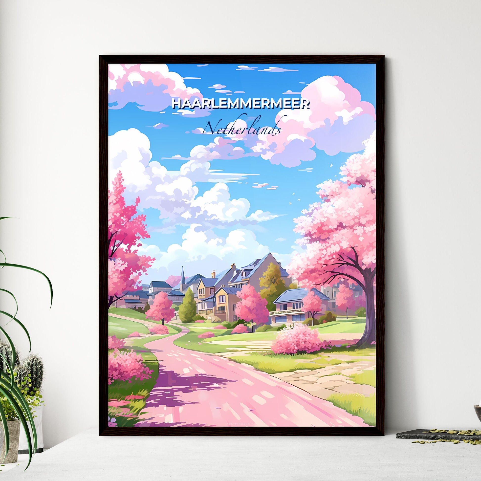 Haarlemmermeer, Netherlands, A Poster of a road with pink trees and houses in the background Default Title