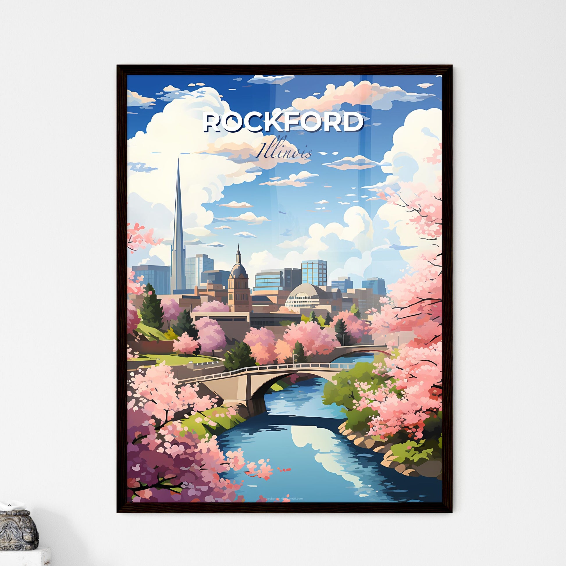 Rockford, Illinois, A Poster of a river with a bridge and pink flowers Default Title