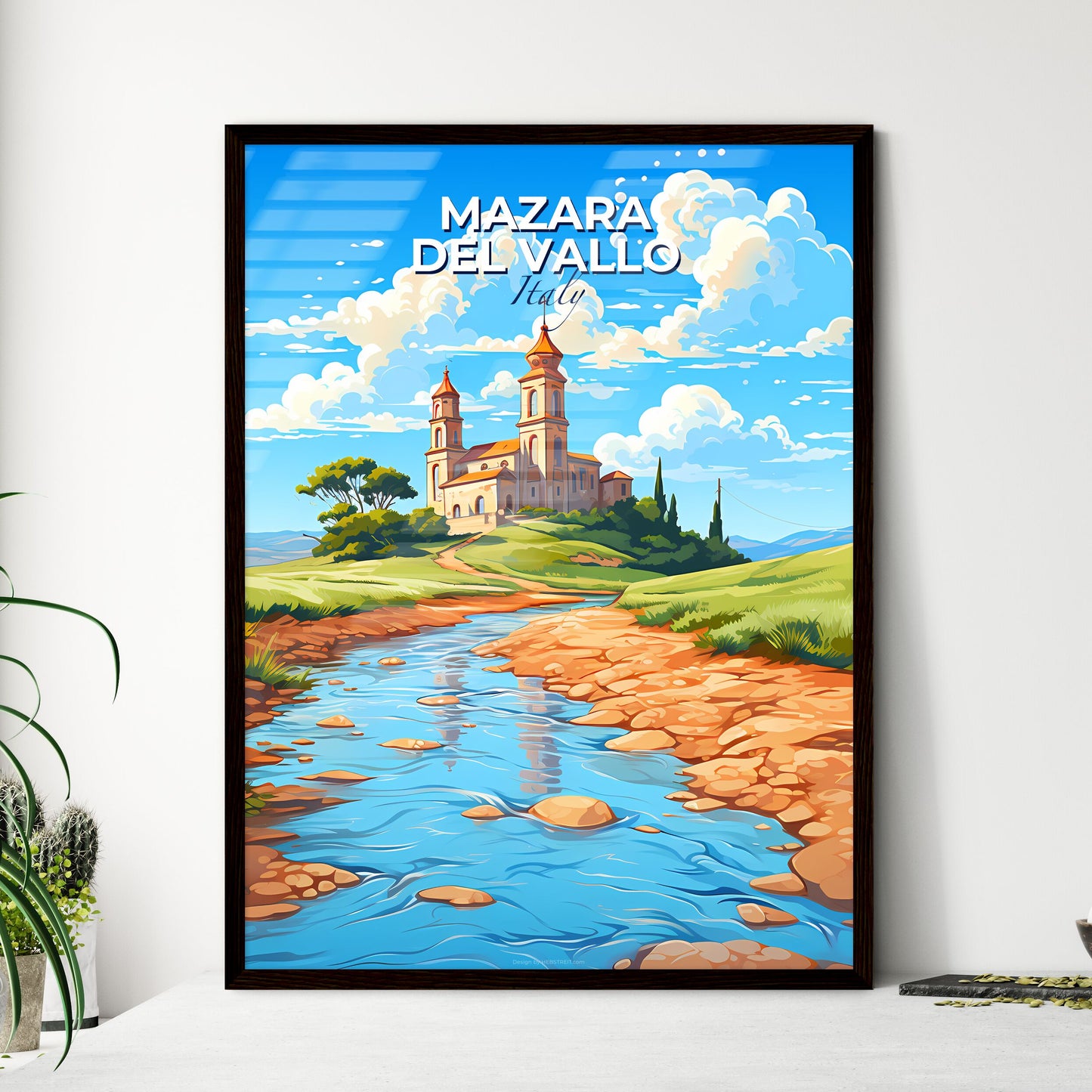 Mazara Del Vallo, Italy, A Poster of a water way through a grassy area with a building and trees Default Title
