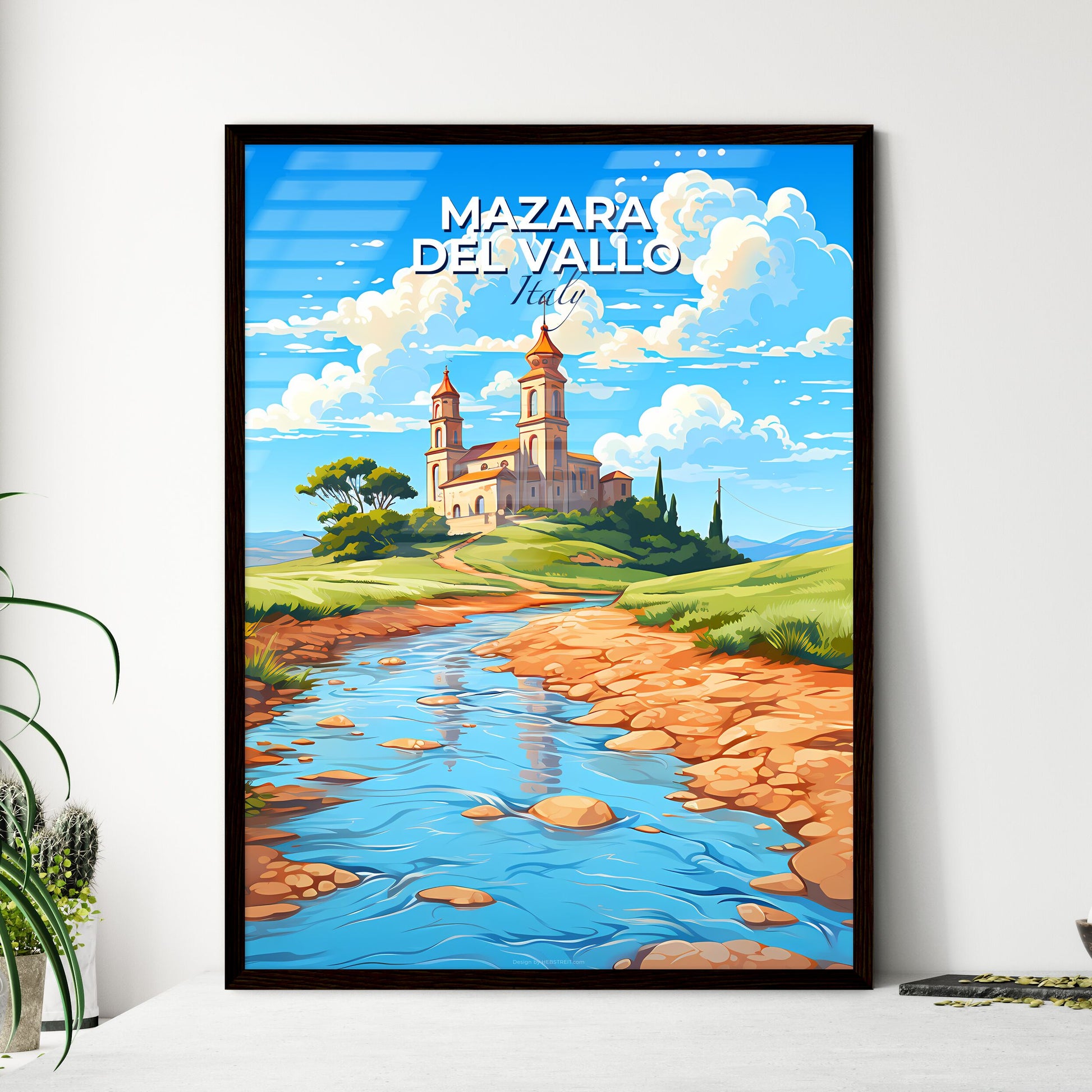 Mazara Del Vallo, Italy, A Poster of a water way through a grassy area with a building and trees Default Title