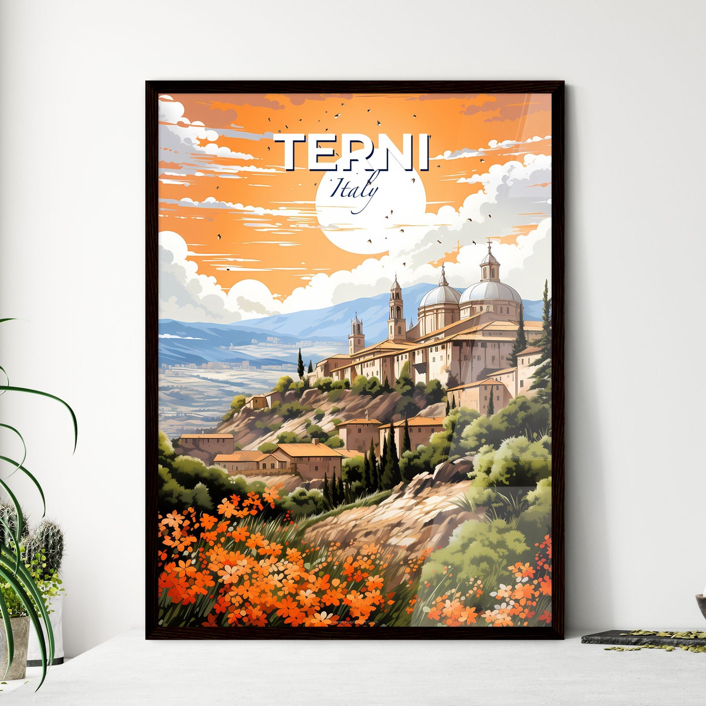 Terni, Italy, A Poster of a painting of a building on a hill with trees and flowers Default Title