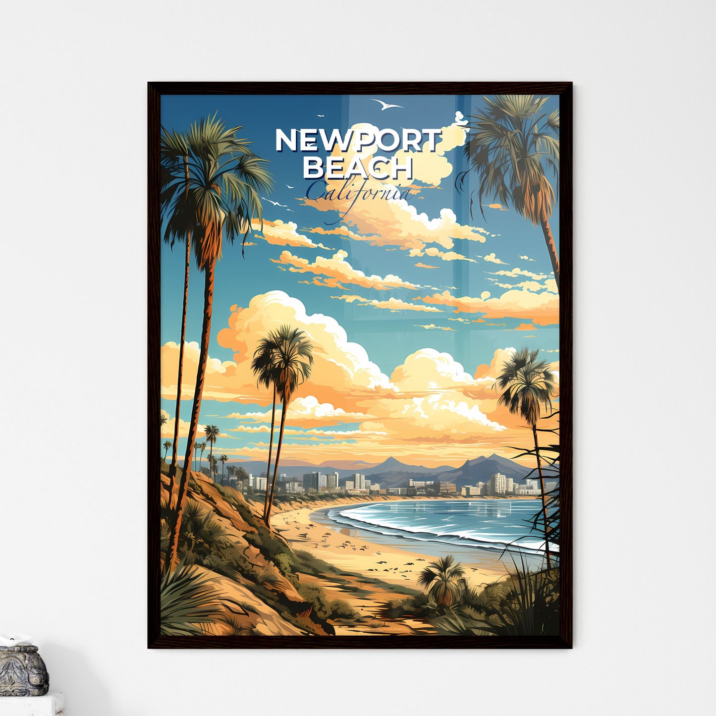 Newport Beach, California, A Poster of a beach with palm trees and a city in the distance Default Title