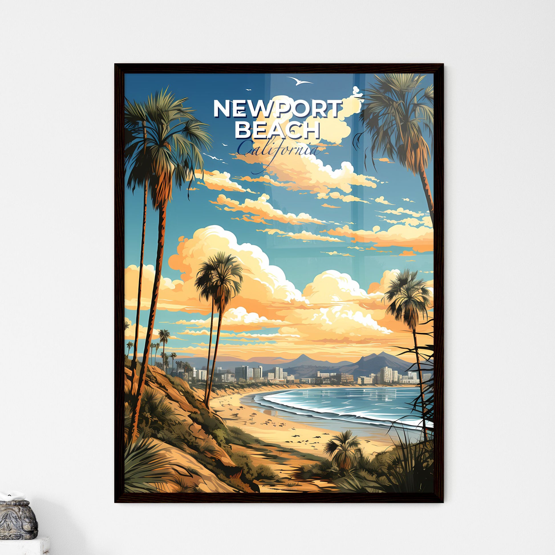 Newport Beach, California, A Poster of a beach with palm trees and a city in the distance Default Title