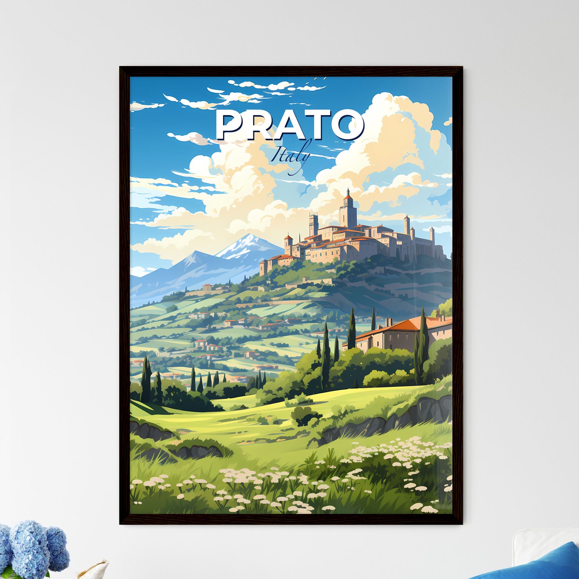 Prato, Italy, A Poster of a landscape with a castle on a hill Default Title