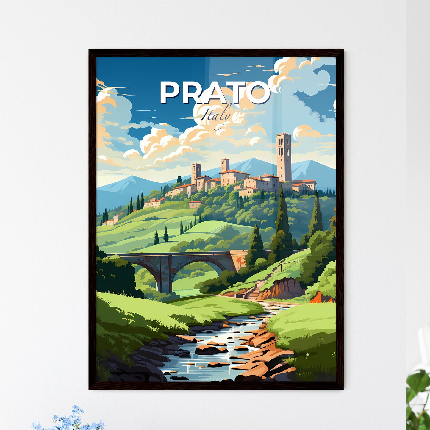 Prato, Italy, A Poster of a landscape with a bridge and a castle on a hill Default Title